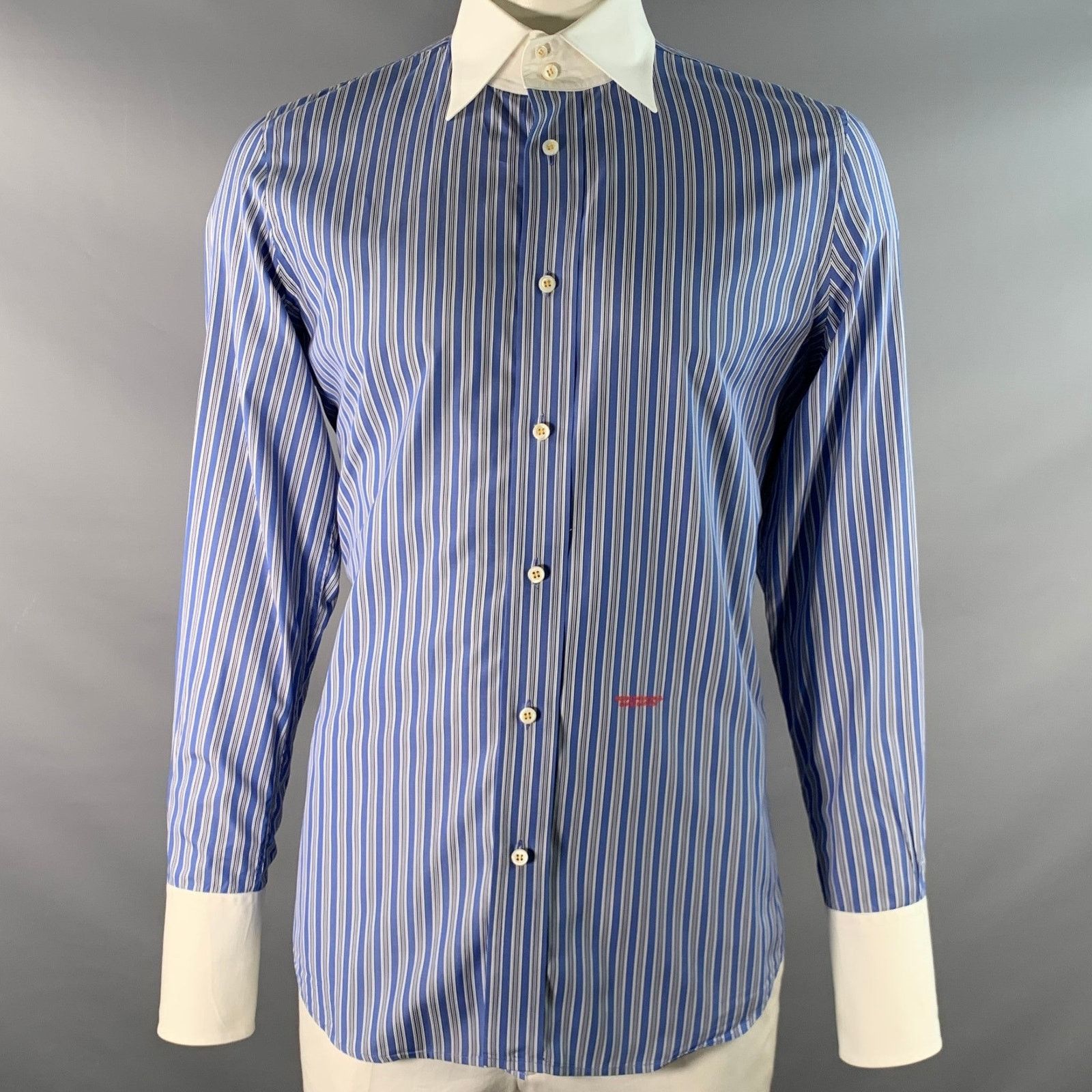 Dsquared2 DSQUARED2 Size L White Blue Stripe Cotton Long Sleeve Shirt Size US L / EU 52-54 / 3 - 1 Thumbnail
