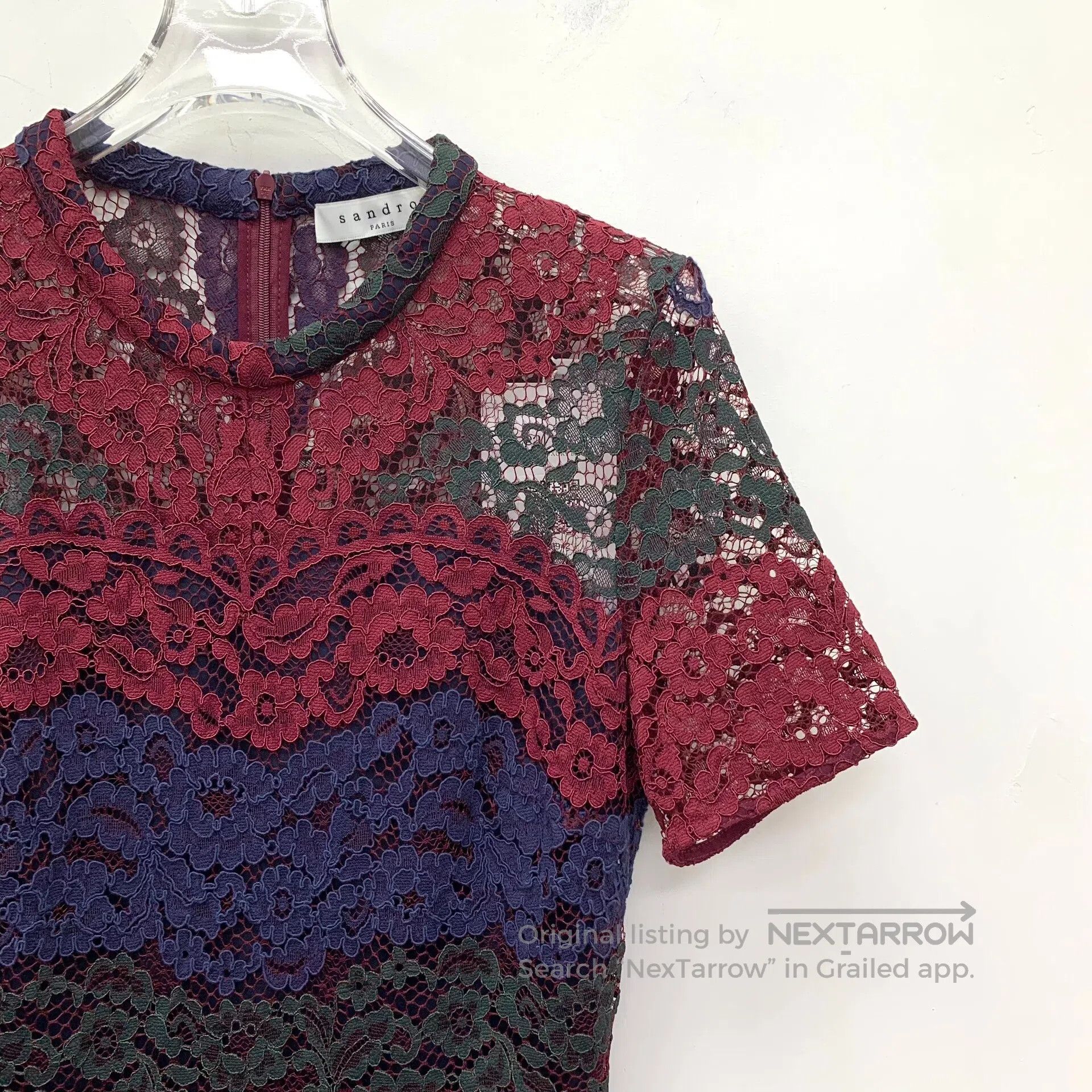 Sandro SANDRO Burgundy floral openwork embroidery round neck shor Size S / US 4 / IT 40 - 3 Thumbnail