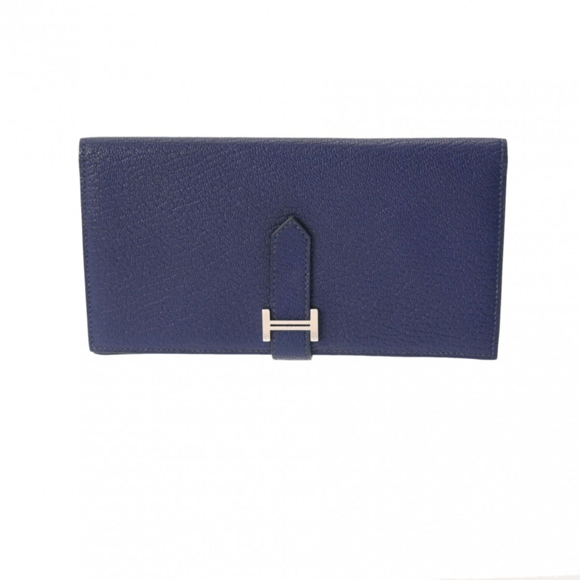 image of Hermes Bearn Souffle Blue Ankle Palladium Hardware - D Stamp (Around 2019) Unisex Chevre Long Walle