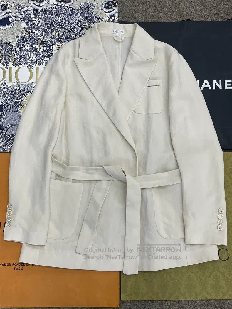 Brunello Cucinelli Beige Tie Collar Blazer Jacket