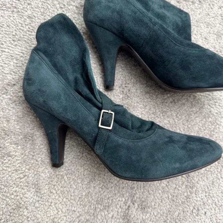 Nine West NINE WEST Bootie Suede Ankle Slouch Boots Womens 6.5 Teal Blue Pointed Toe Buckle Rubber Sole Fall Winter 2-2.9in Heel Women’s Shoes Size US 6.5 / IT 36.5 - 7 Thumbnail