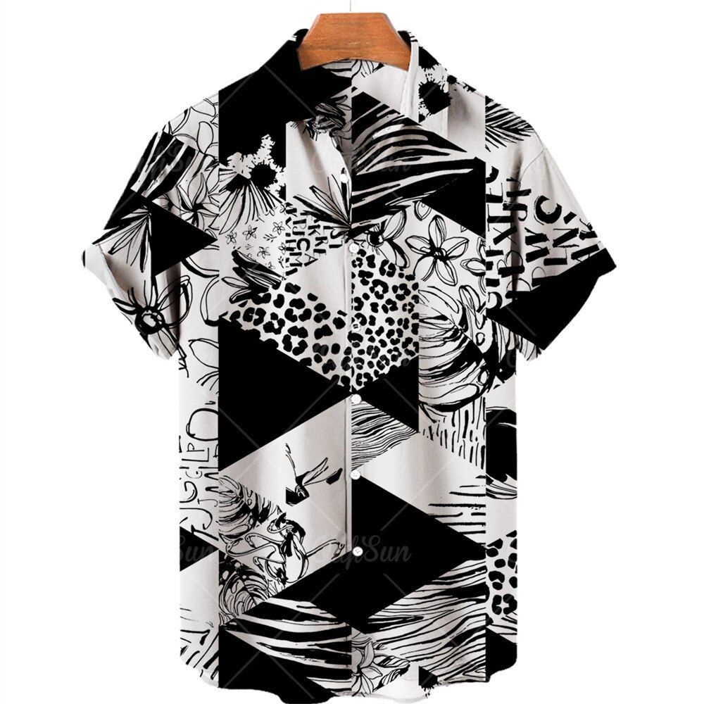 image of Hawaiian Shirt Men Fashion Flower Geometric Printed Shirt in Black (Size XL)