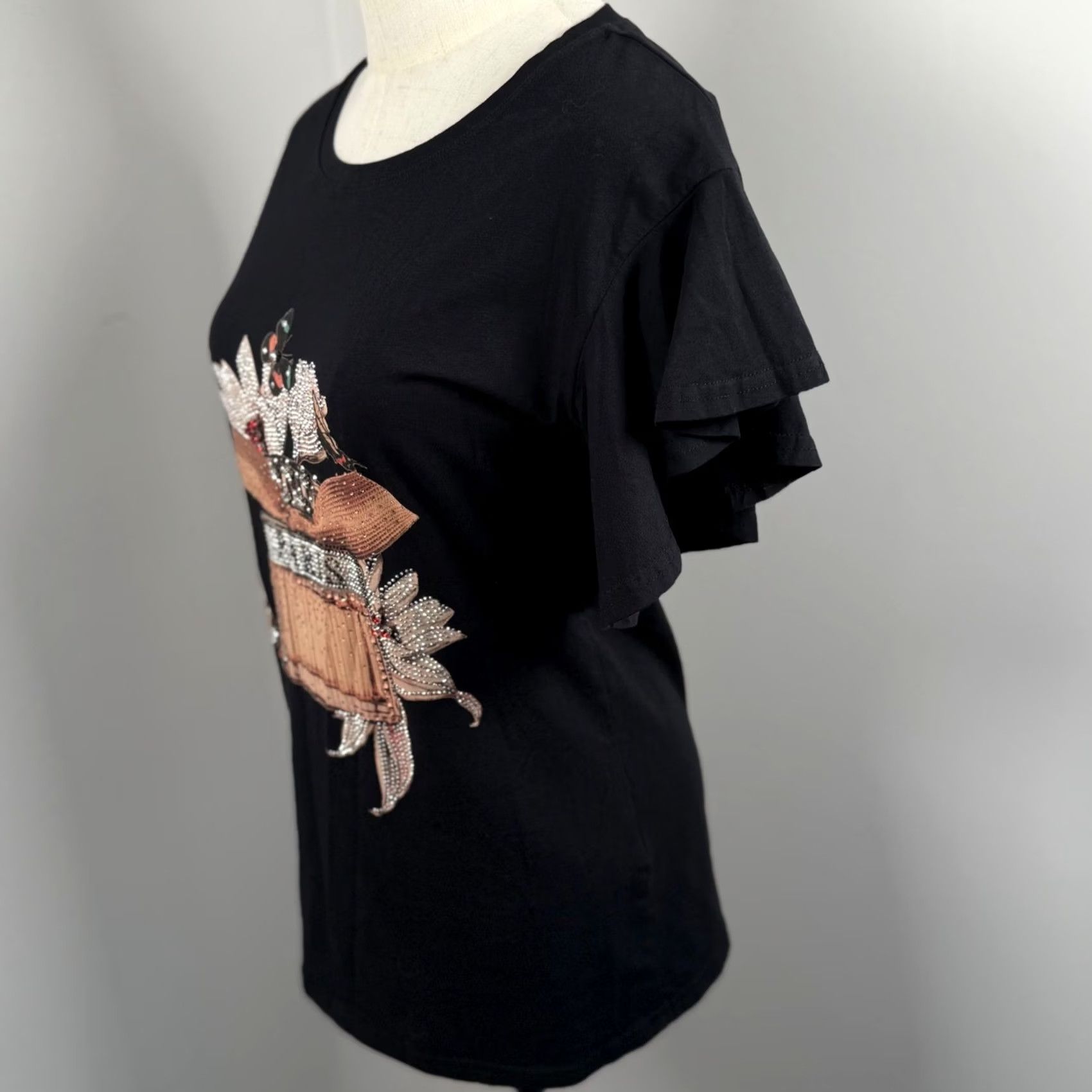 Vintage Vinizbena Paris Rhinestone Flutter Sleeve M Black Artsy Mixed Media Tee T Shirt Size M / US 6-8 / IT 42-44 - 2 Thumbnail