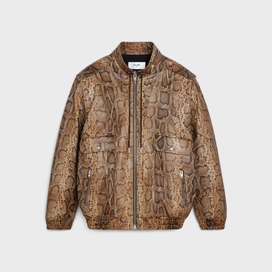 image of Celine Super Phyton Convertible Leather Biker Bomber Jacket in Brown, Men's (Size Small)