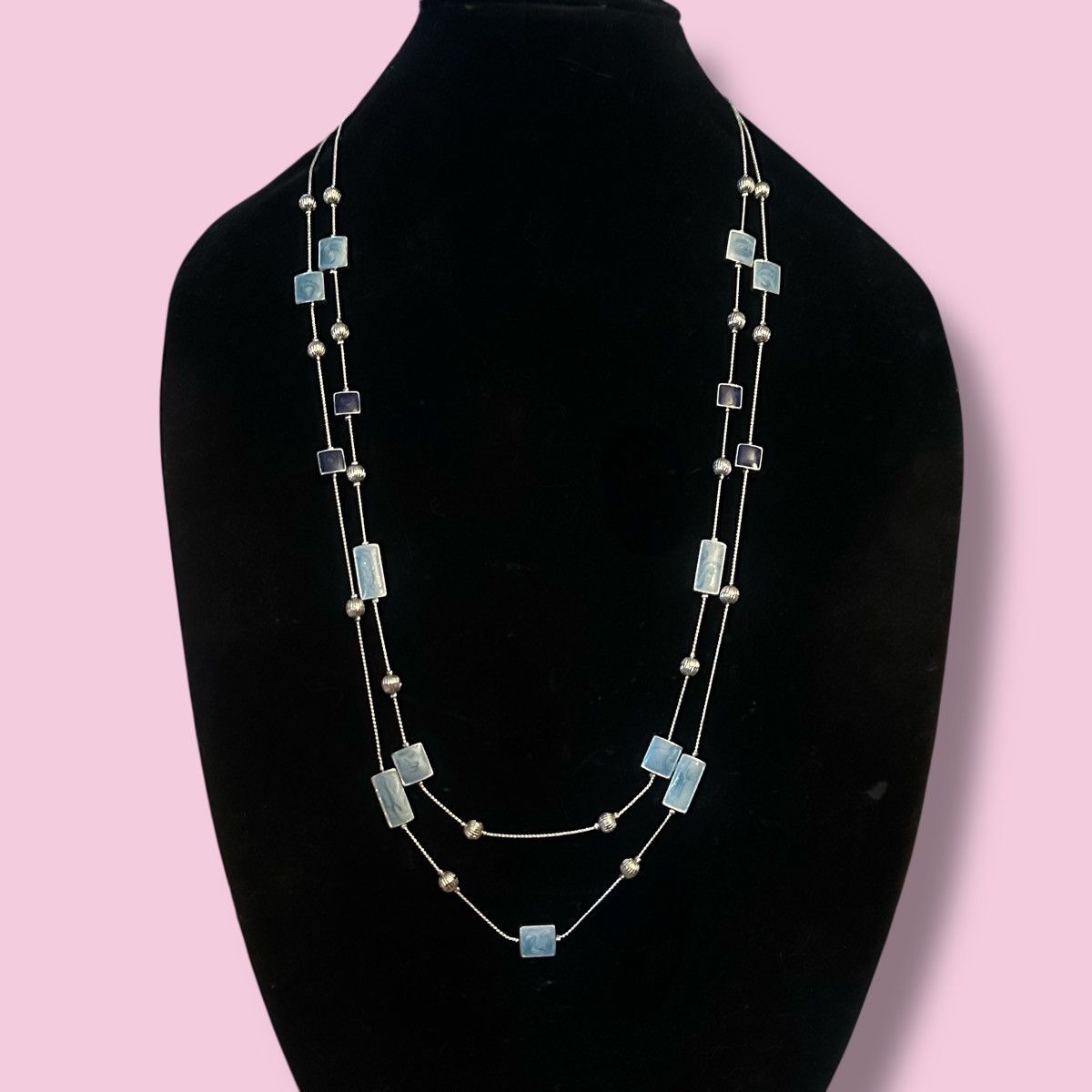 Other Long silver tone double layered station blue tiles necklace Size ONE SIZE - 1 Thumbnail