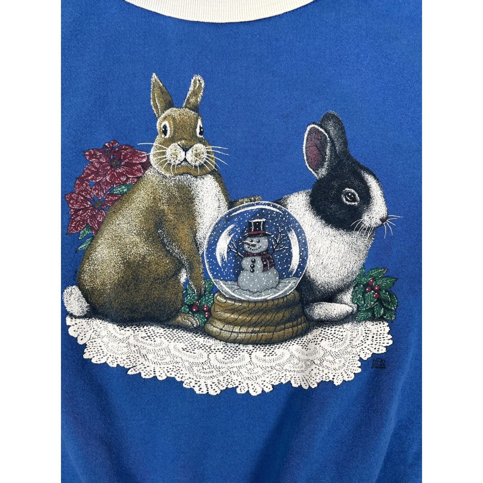 Vintage VINTAGE Cotton Grove Designs Rabbit Snow Globe Christmas Mock Neck Fleece Sweater Womens Large Blue Holiday Graphic Print Pullover Sweater Size L / US 10 / IT 46 - 2 Thumbnail
