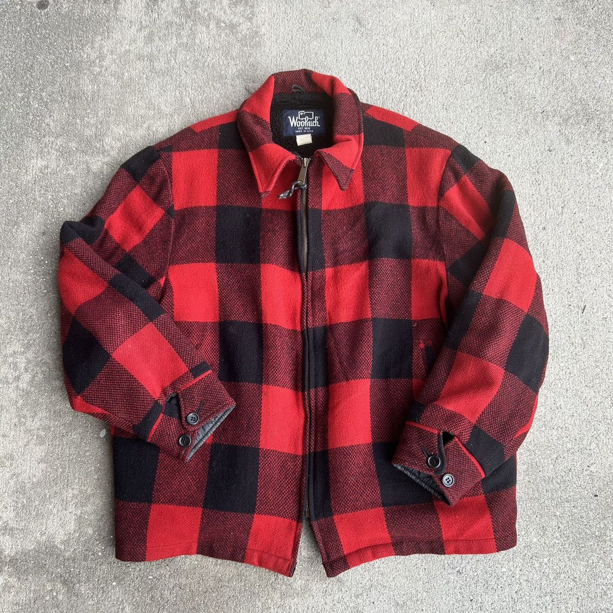 image of Made In USA x Vintage 1980S Woolrich Zip Up Flannel Sherpa Lined Jacket in Black/Red (Size XL)