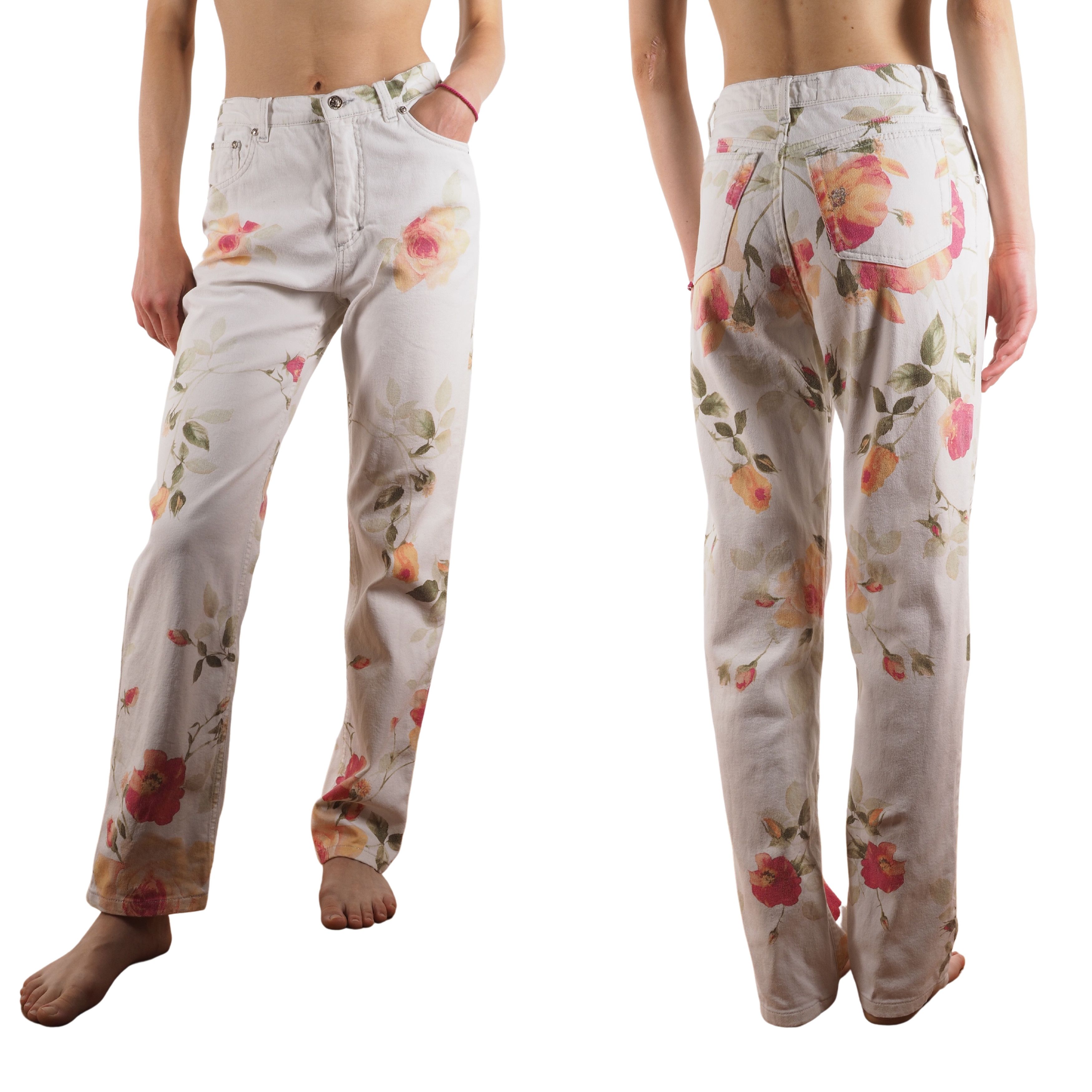 Roberto Cavalli Roberto Cavalli Vintage 90s White Floral Denim Jeans Size 27" / US 4 / IT 40 - 2 Thumbnail