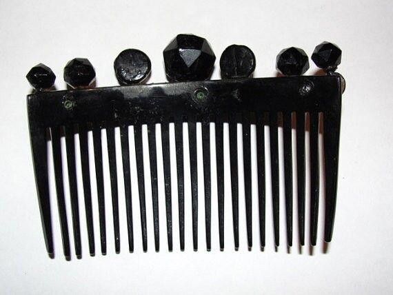 Handmade Victorian Black Celluloid Hair Comb Faceted Circular Studs Size ONE SIZE - 4 Thumbnail