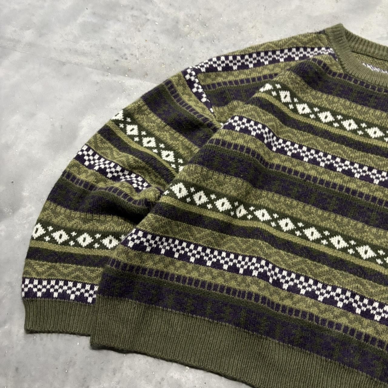 Japanese Brand × Vintage Crazy Vintage Y2K/2000s Green Striped Pattern Coogi Style Boxy Sweater! Size US L / EU 52-54 / 3 - 3 Thumbnail