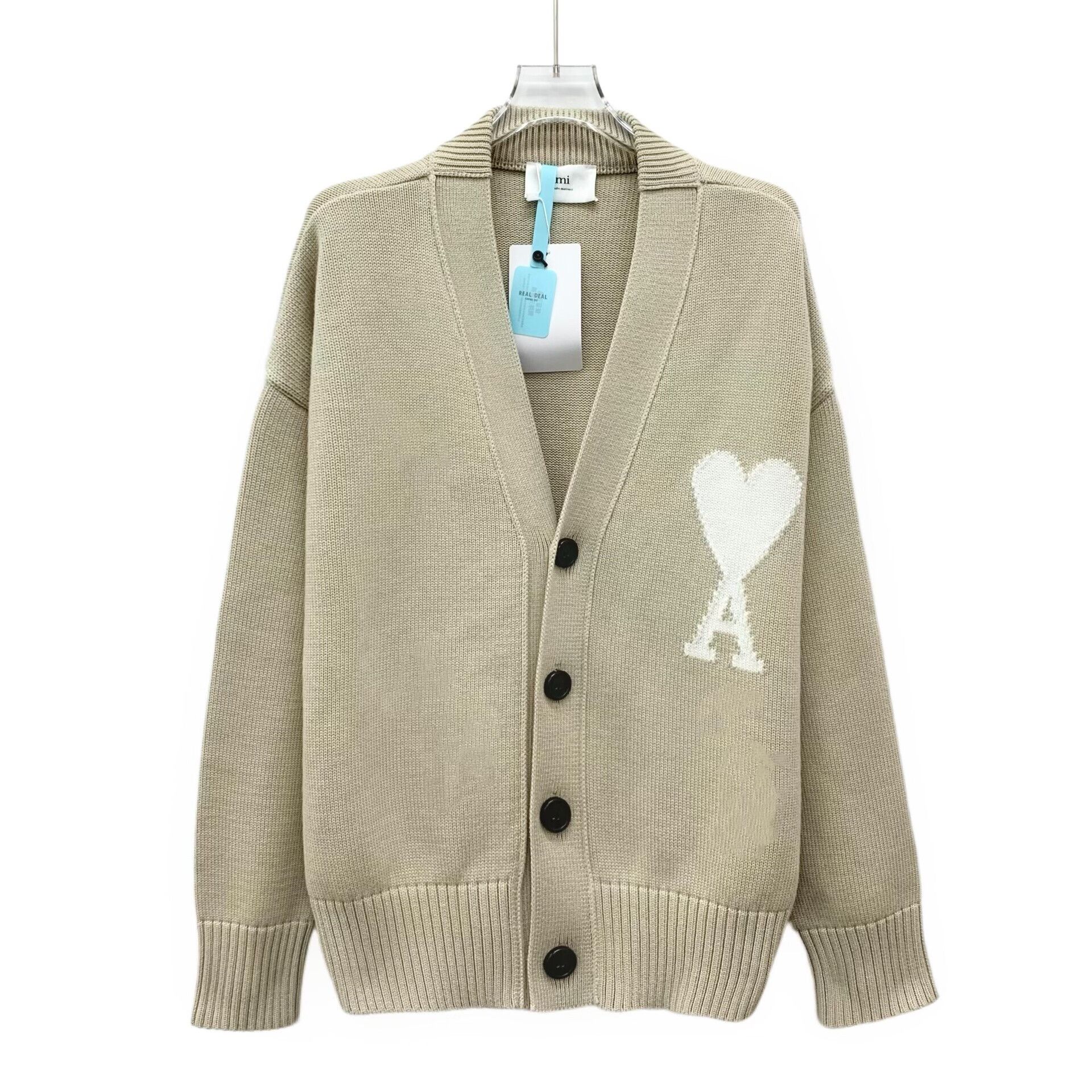 AMI Oatmeal V-Neck Heart AMI Intarsia Cardigan Size M / US 6-8 / IT 42-44 - 1 Thumbnail