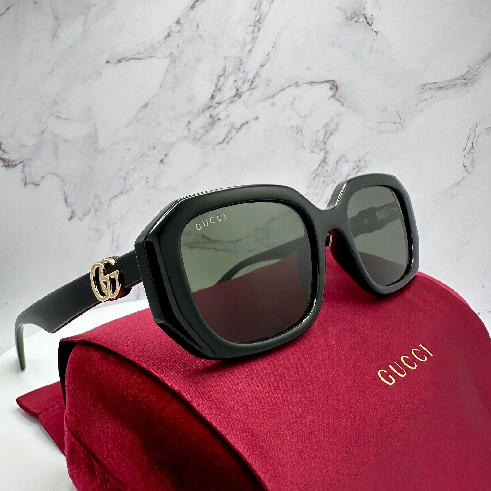 Gucci New Gucci Sunglasses Black Geometric Rectangle Gold GG Size ONE SIZE - 15 Thumbnail