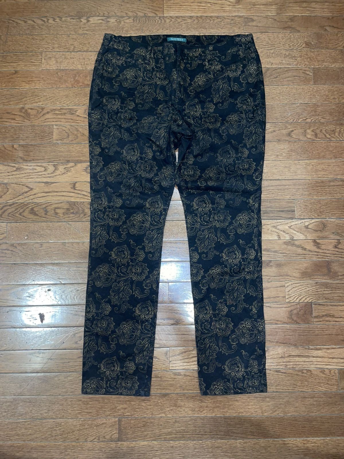 Lauren Ralph Lauren Women’s Black & gold printed velvet textured pants Size 38" / US 16 / IT 52 - 1 Thumbnail