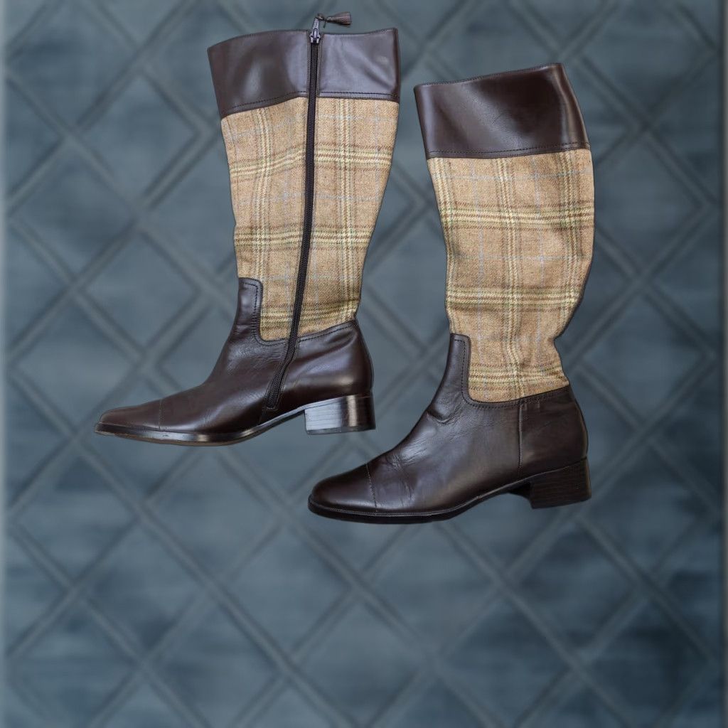 Lands' End Lands' End Boots Womens 8.5 B Brown Leather Knee High Riding Plaid Boots Size US 9 / IT 39 - 1 Thumbnail