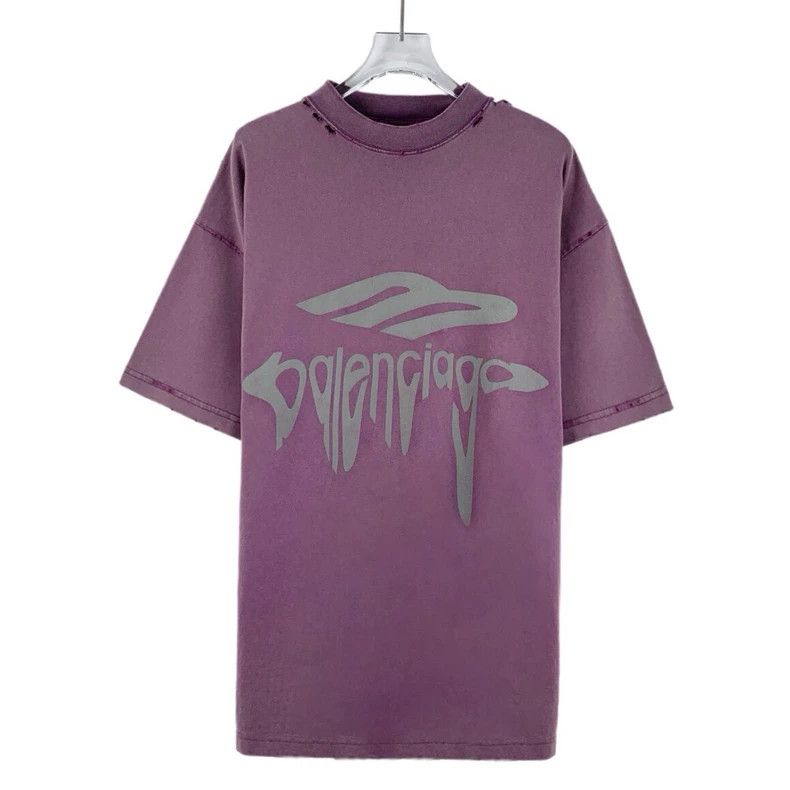 Balenciaga Balenciaga Purple Distressed Logo Cotton T-Shirt Size US S / EU 44-46 / 1 - 1 Thumbnail