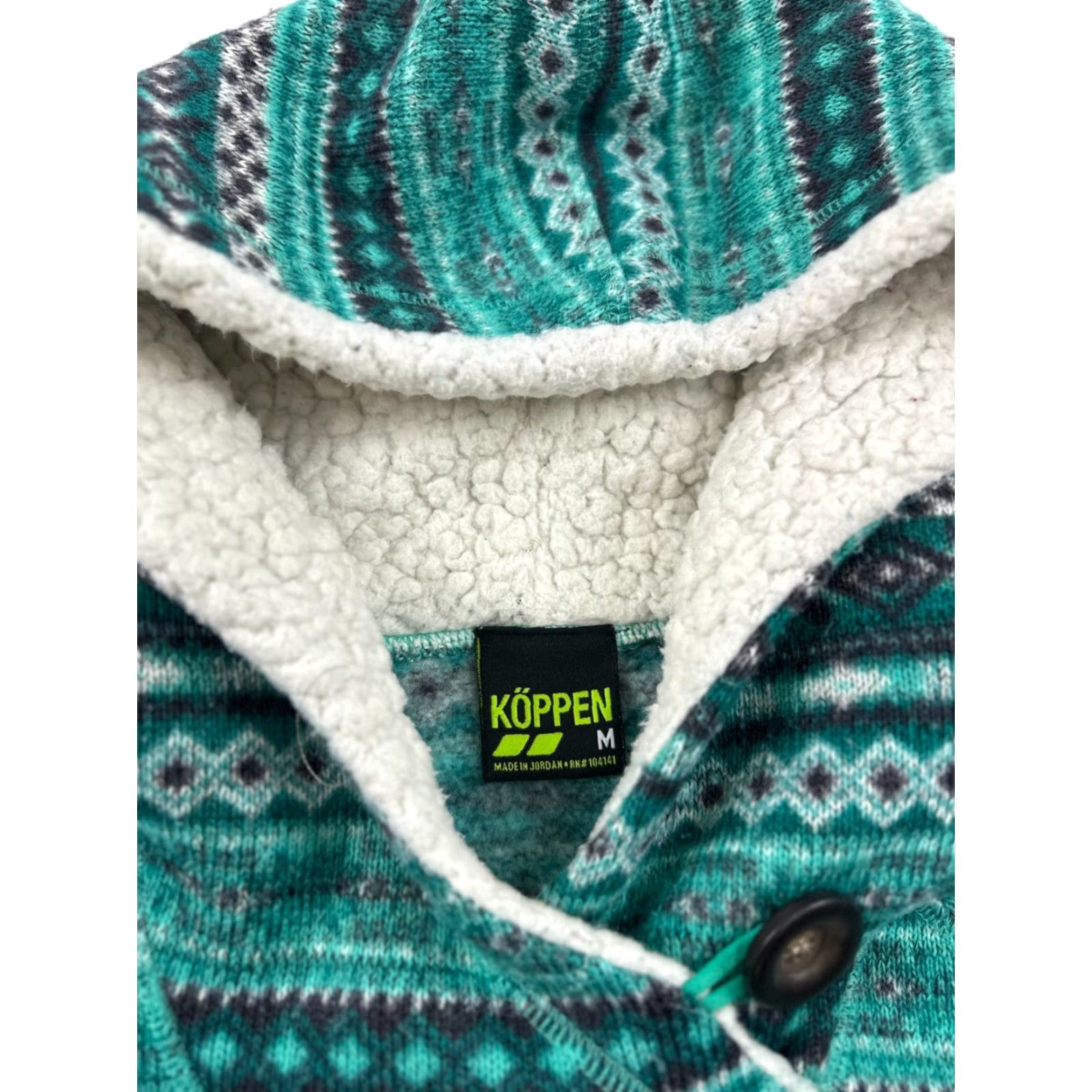 Vintage Köppen Hoodie Womens Medium Green Fair Isle Pattern Sherpa Lined Hood Pullover Size M / US 6-8 / IT 42-44 - 3 Thumbnail