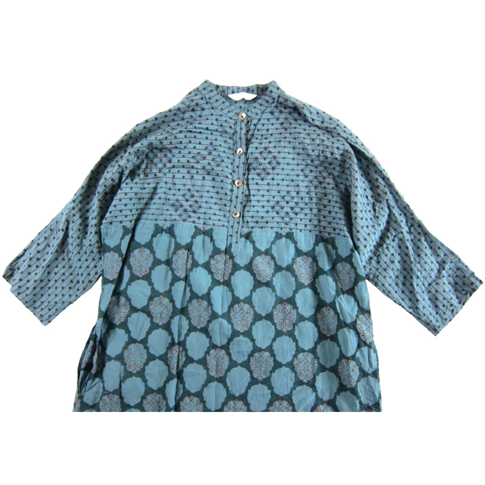 Market Market Place Handwork India Green Tunic Dress XS 3/4 Sleeve Pockets Floral Cotton Shirt Dress Womens Vintage? Size XS / US 0-2 / IT 36-38 - 3 Thumbnail