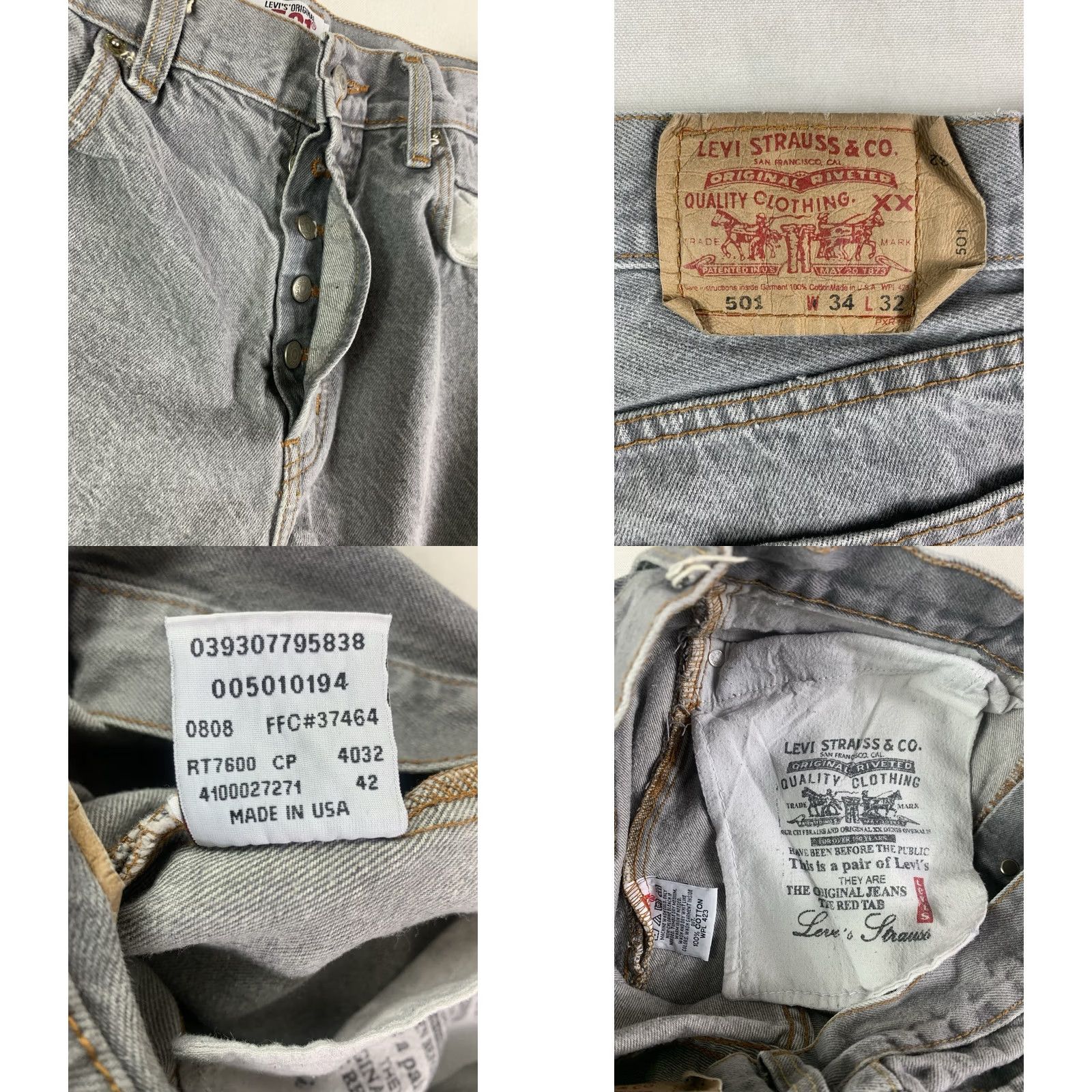 Levi's VINTAGE Levi’s 501 Jeans Mens 34x32 Gray Button Fly Made in USA 2008 Fits 31x31 Denim Straight Baggy Casual Regular Mens Size US 31 - 8 Thumbnail