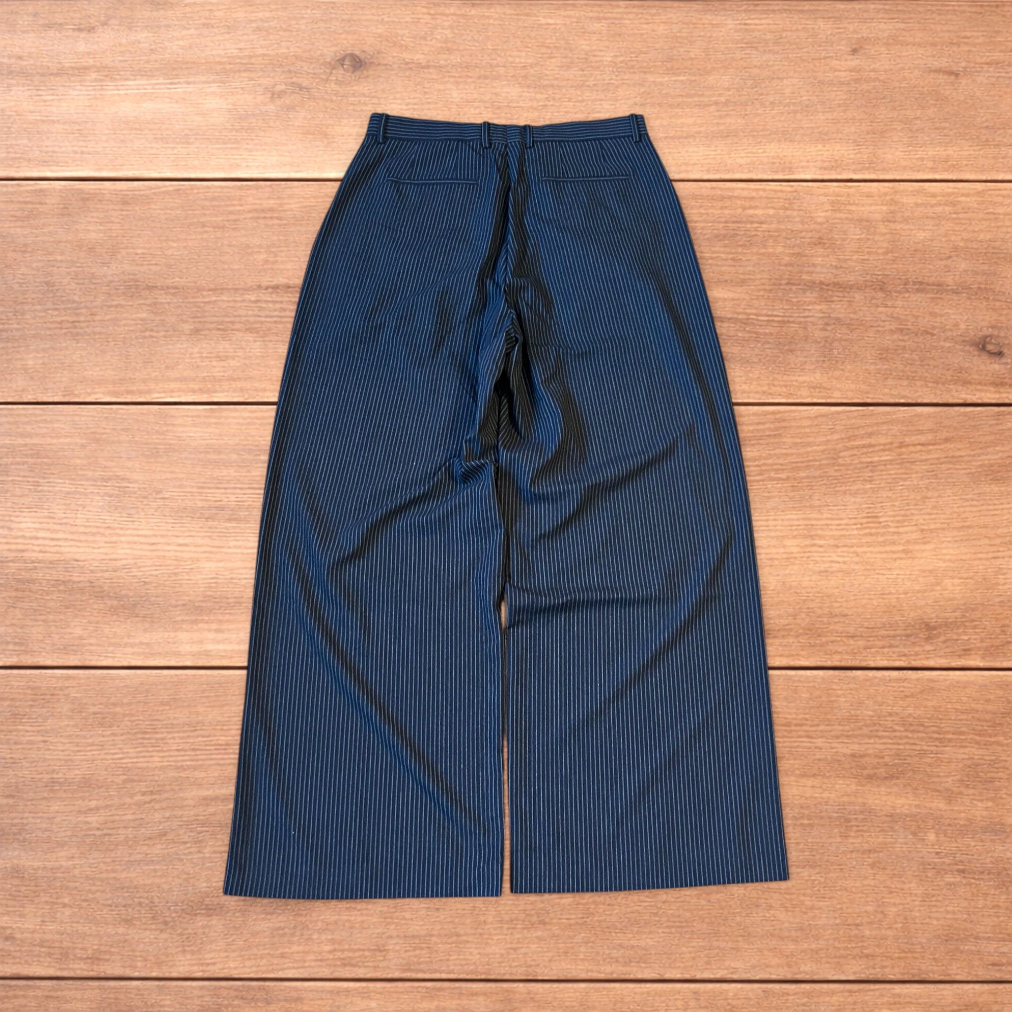 Japanese Brand Baggy wide leg pinstripe tailored trousers in navy blue. Size US 34 / EU 50 - 2 Thumbnail