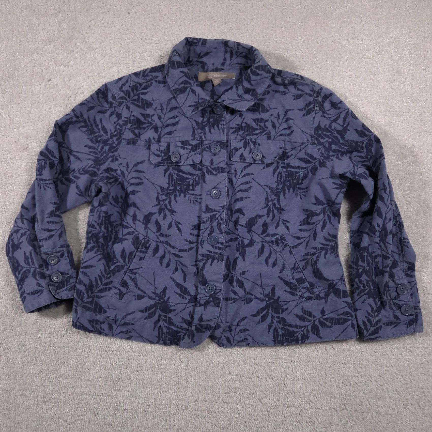 Croft & Barrow Croft & Barrow Jacket Womens Petite Medium Blue Leaf Print Linen Cotton Button Up Size M / US 6-8 / IT 42-44 - 2 Thumbnail