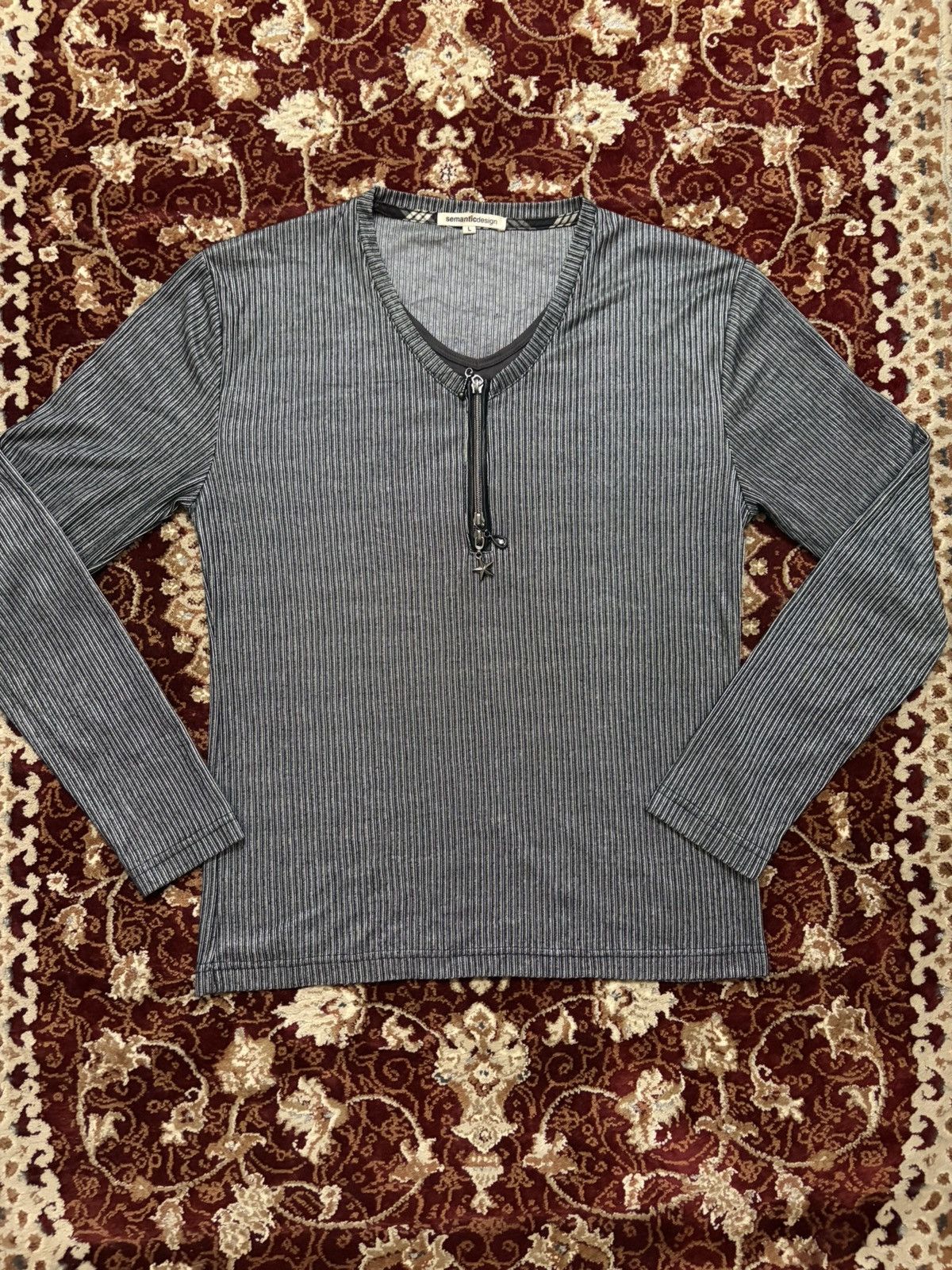 Metal V-Neck Triple Zipper Fly Long Sleeve Tee Shirt