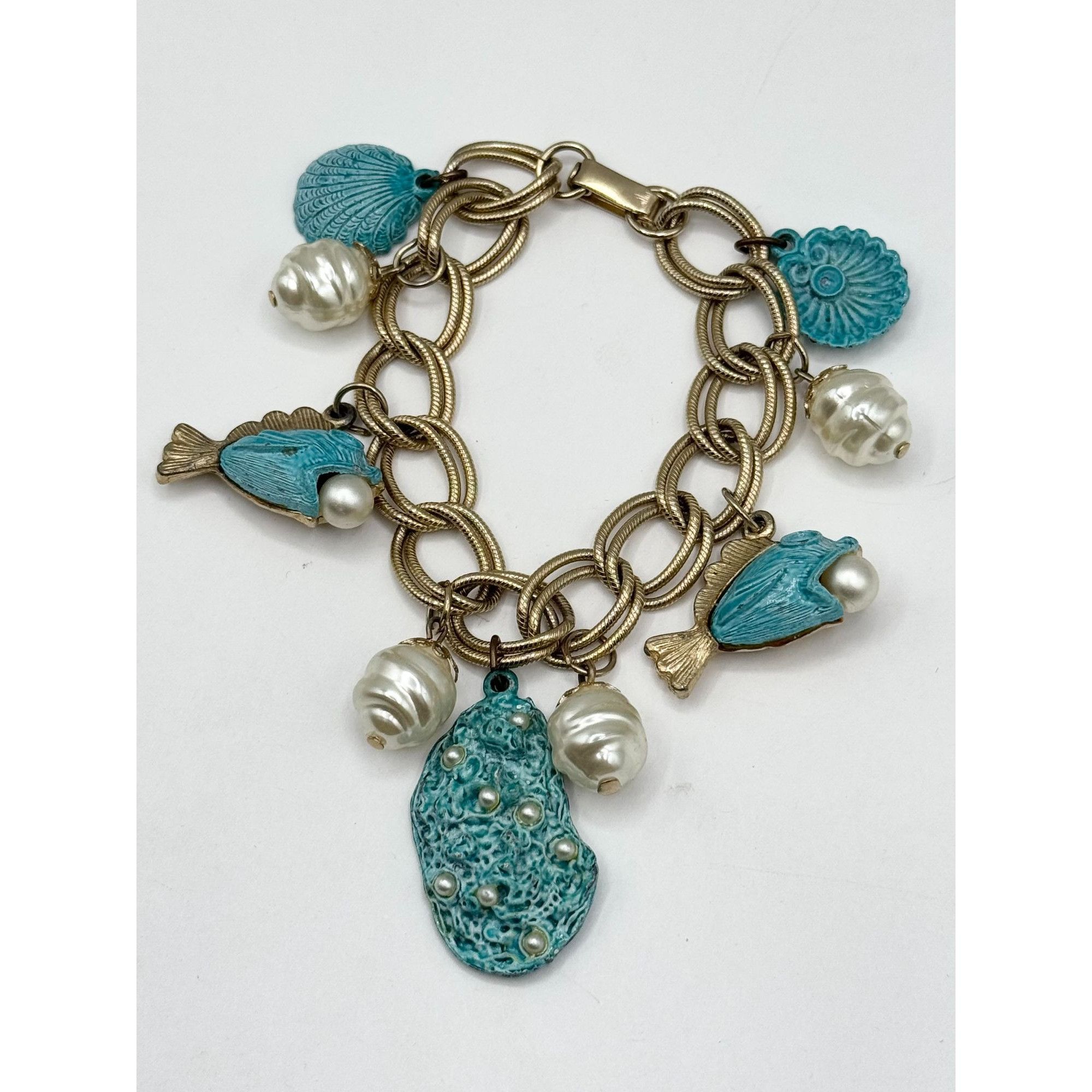 Vintage Vintage Blue Enamel Sea Shell Sea Life Fish Pearl Charm Brac Size ONE SIZE - 2 Thumbnail
