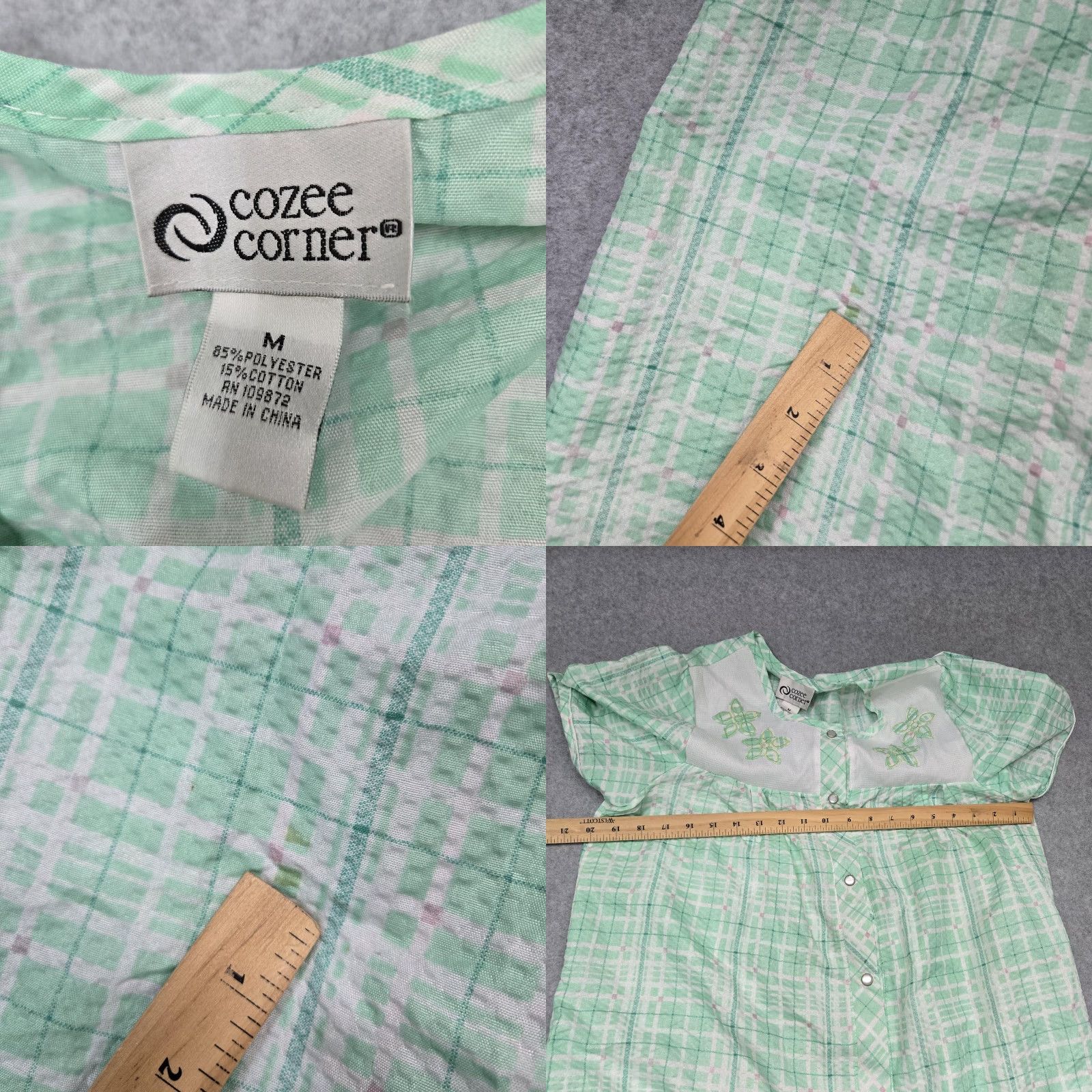 Vintage Cozee Corner Womens Medium Robe Green Plaid Kaftan Sleepwear Embroidered Button front Size ONE SIZE - 8 Thumbnail