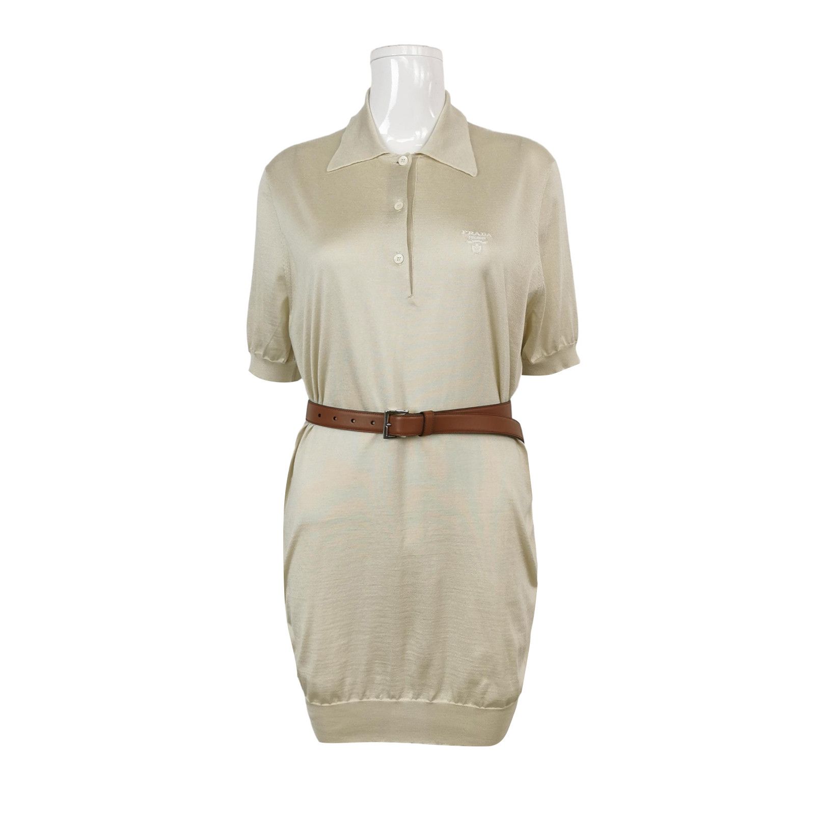 Prada Prada Logo Belted Silk Dress in Beige - dmc Size S / US 4 / IT 40 - 1 Thumbnail