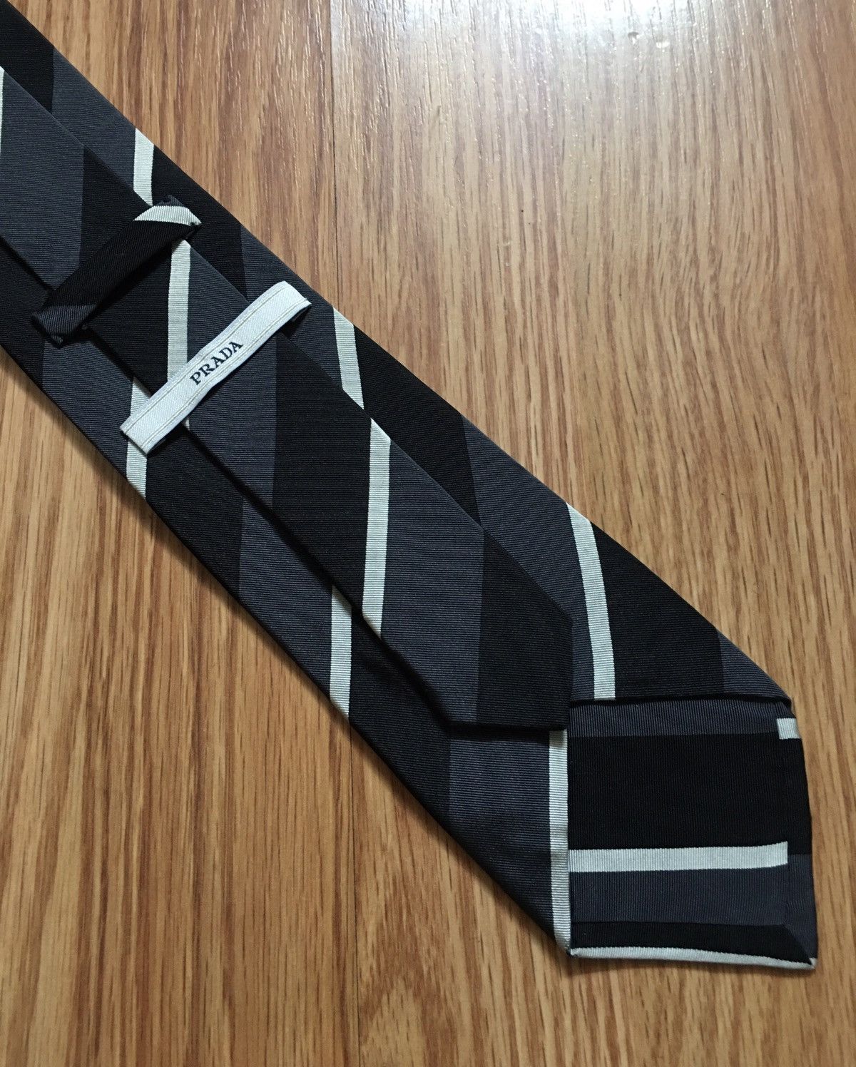 Prada PRADA Black Grey Striped Italy Cotton Silk Mens Tie Size ONE SIZE - 1 Thumbnail