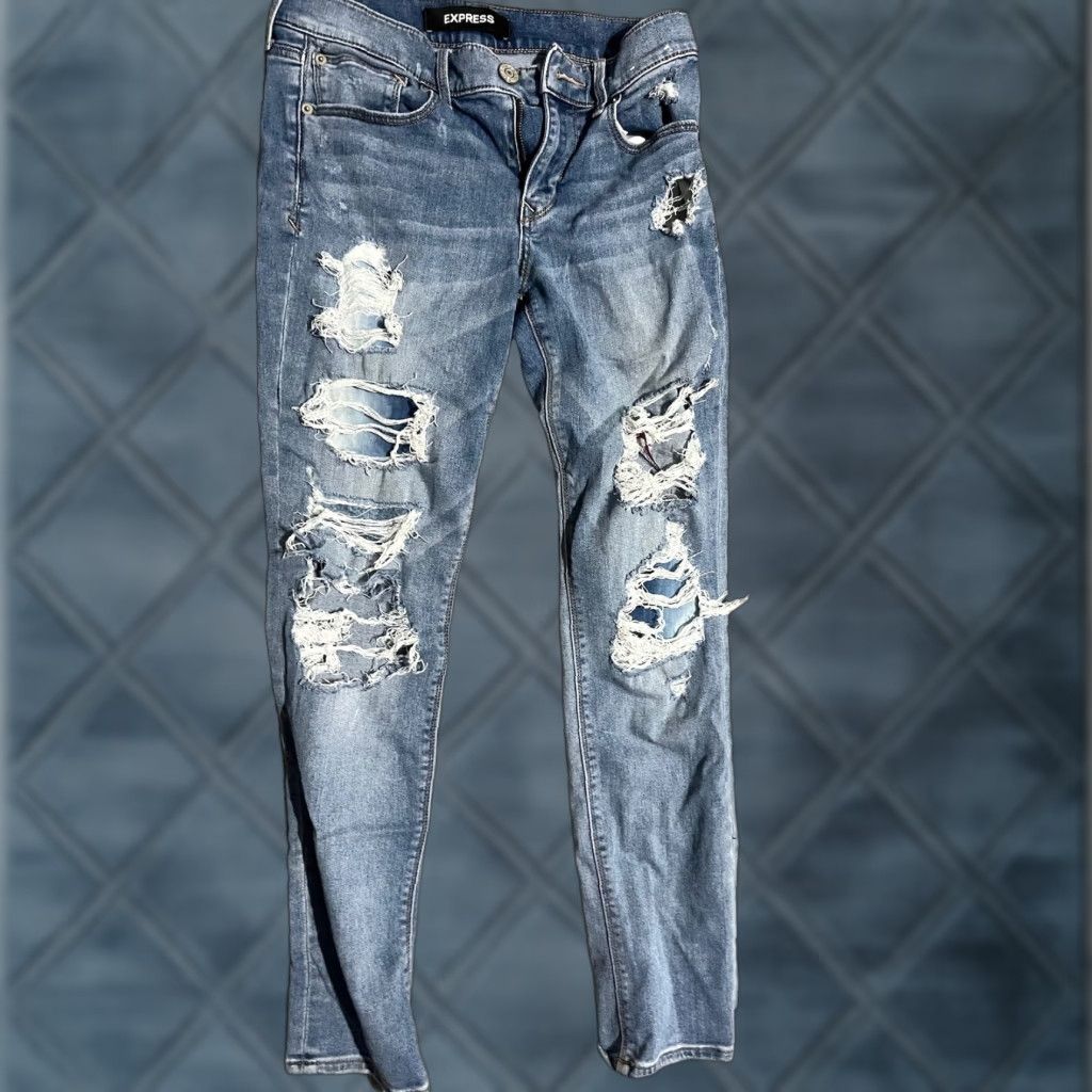 Express VINTAGE Express Jeans Distressed Mid Rise Skinny Ankle Size 4 Blue Women's Jeans (Regular) 26" Inseam Mens/Womens? Size 27" / US 4 / IT 40 - 1 Thumbnail