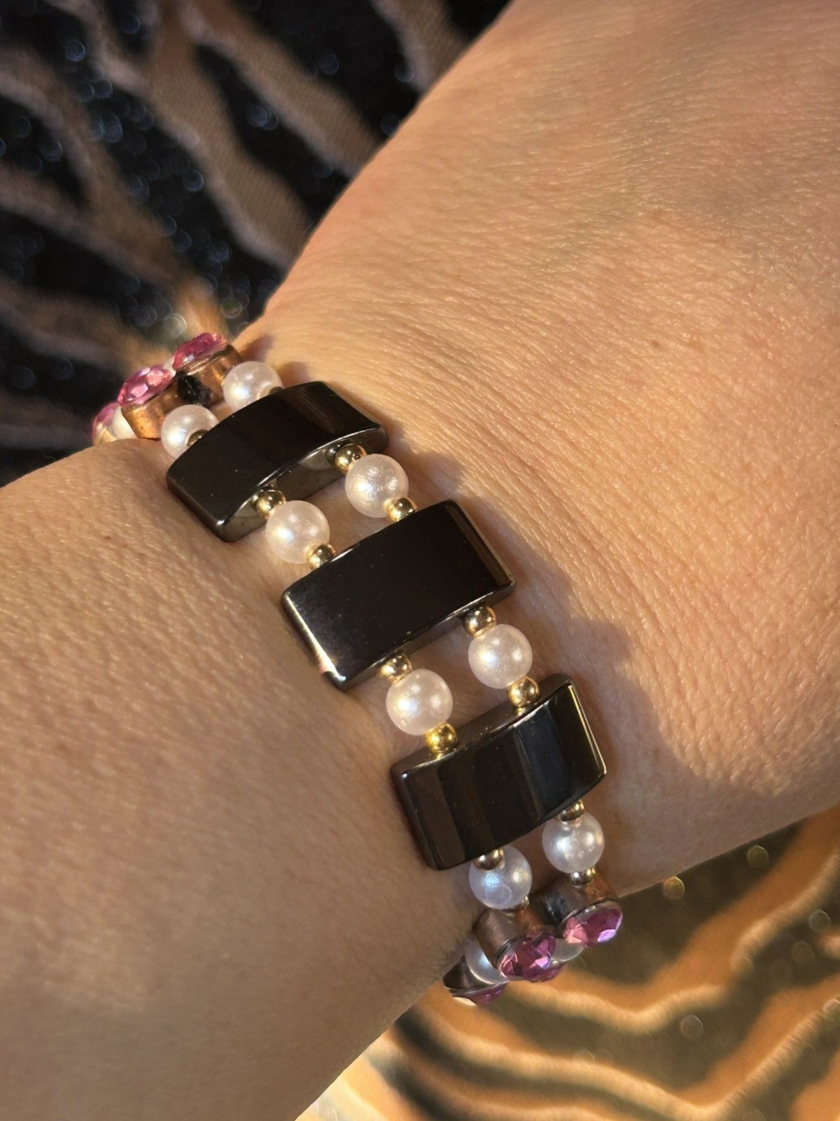 Handmade Handcrafted vintage hematite glass crystal pearl bracelet Size ONE SIZE - 1 Thumbnail