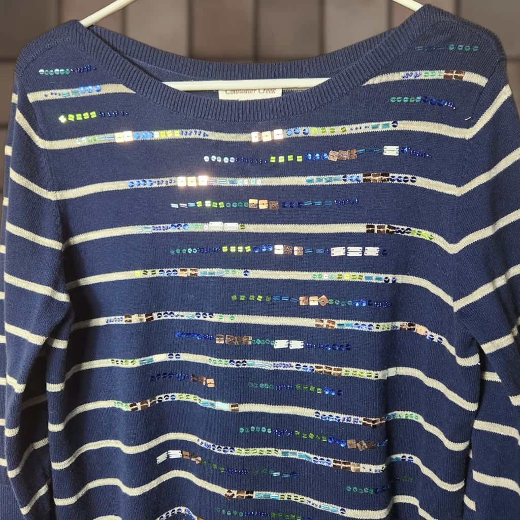 Coldwater Creek VINTAGE Coldwater Creek Stripe Bead Sequin Embellished Navy/Gray 3/4 Slv Sweater-Size M Size M / US 6-8 / IT 42-44 - 1 Thumbnail