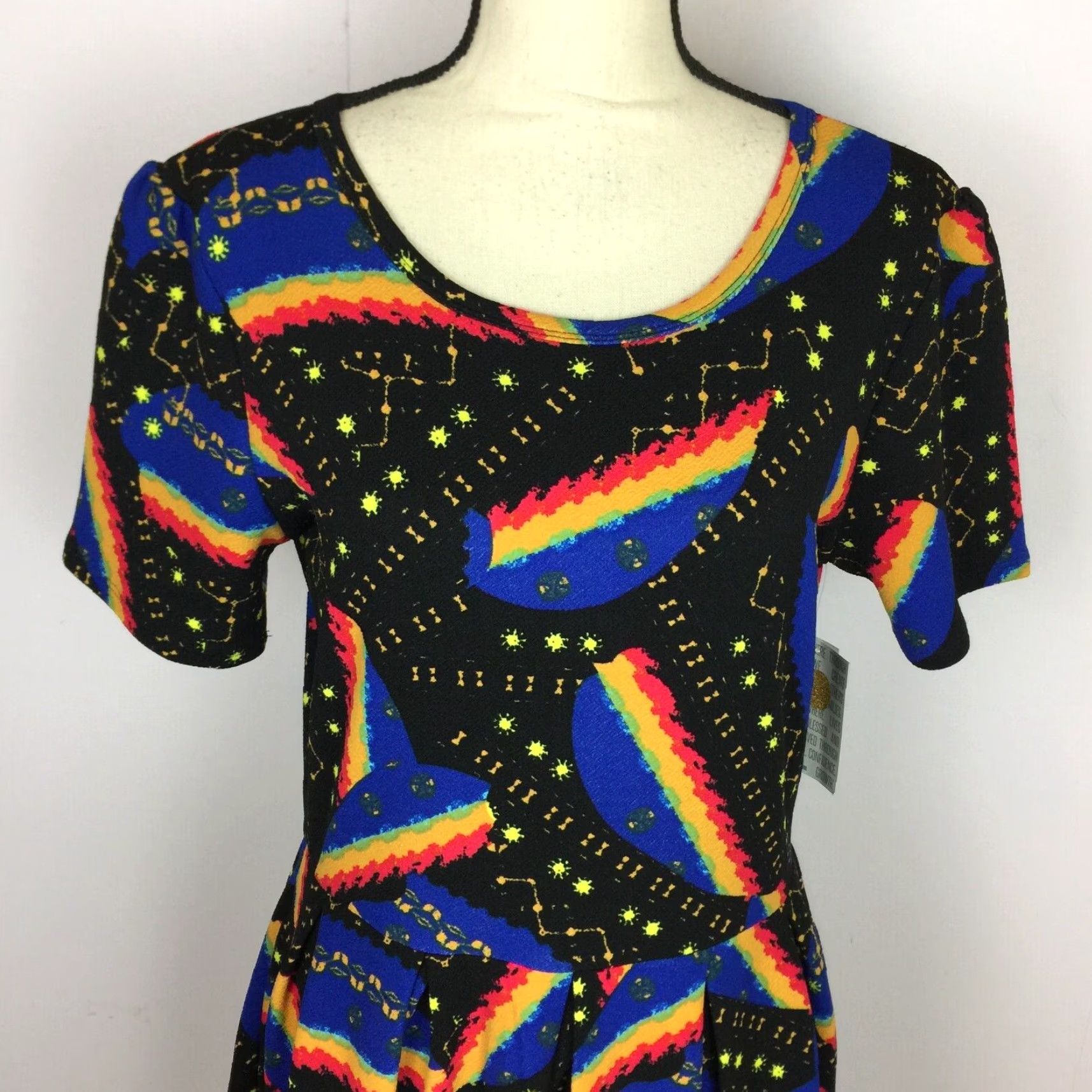 NWT LuLaRoe Amelia Fit & Flare Dress Sz L Womans Black Multicolor Short  Sleeve Dress