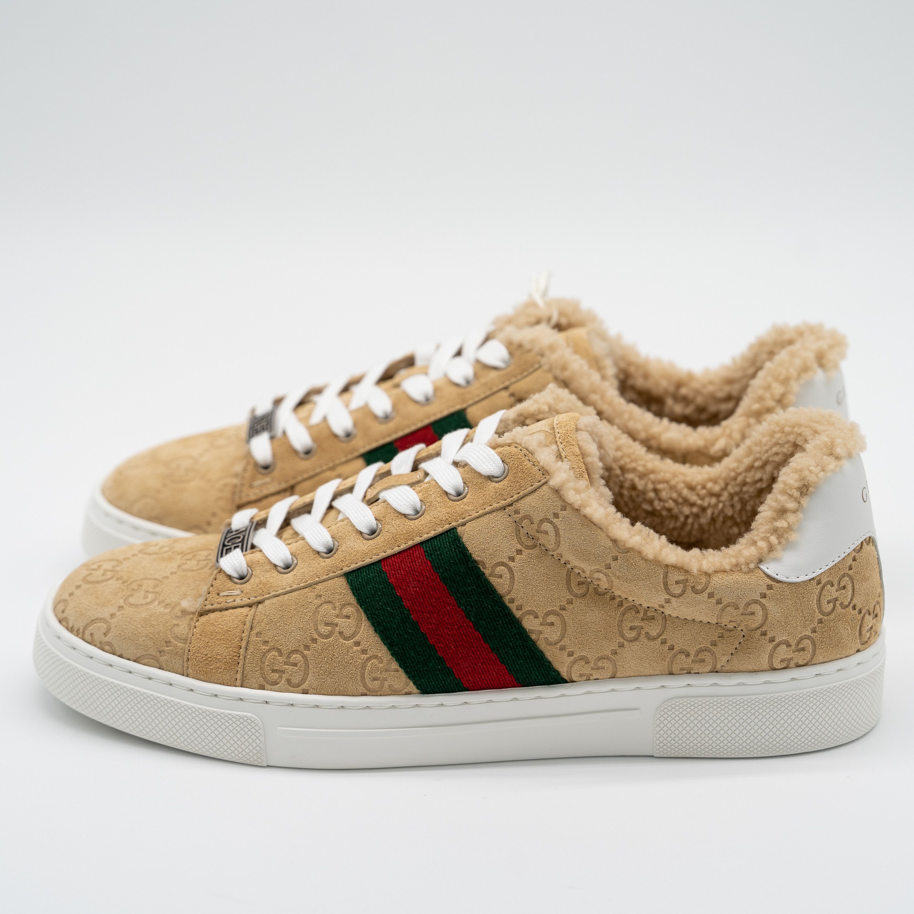 Gucci 9.5 US Gucci Ace GG Brown Mutton Fur Shearling Web Sneakers Size US 9.5 / IT 39.5 - 4 Thumbnail