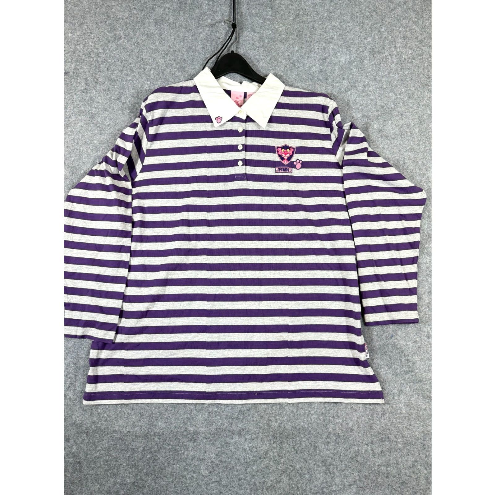 Vintage VINTAGE Pink Panther Polo Shirt Womens 22/24 Striped Purple Gray Logo Rugby Shirt Long Sleeve Casual Mens Women Girls Size 3XL / US 20-22 - 3 Thumbnail