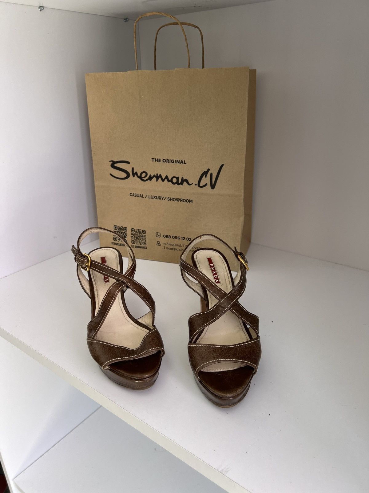 Prada × Vintage Vintage PRADA BROWN LEATHER STRAPPY PLATFORM HEELS SANDALS Size US 7 / IT 37 - 3 Thumbnail