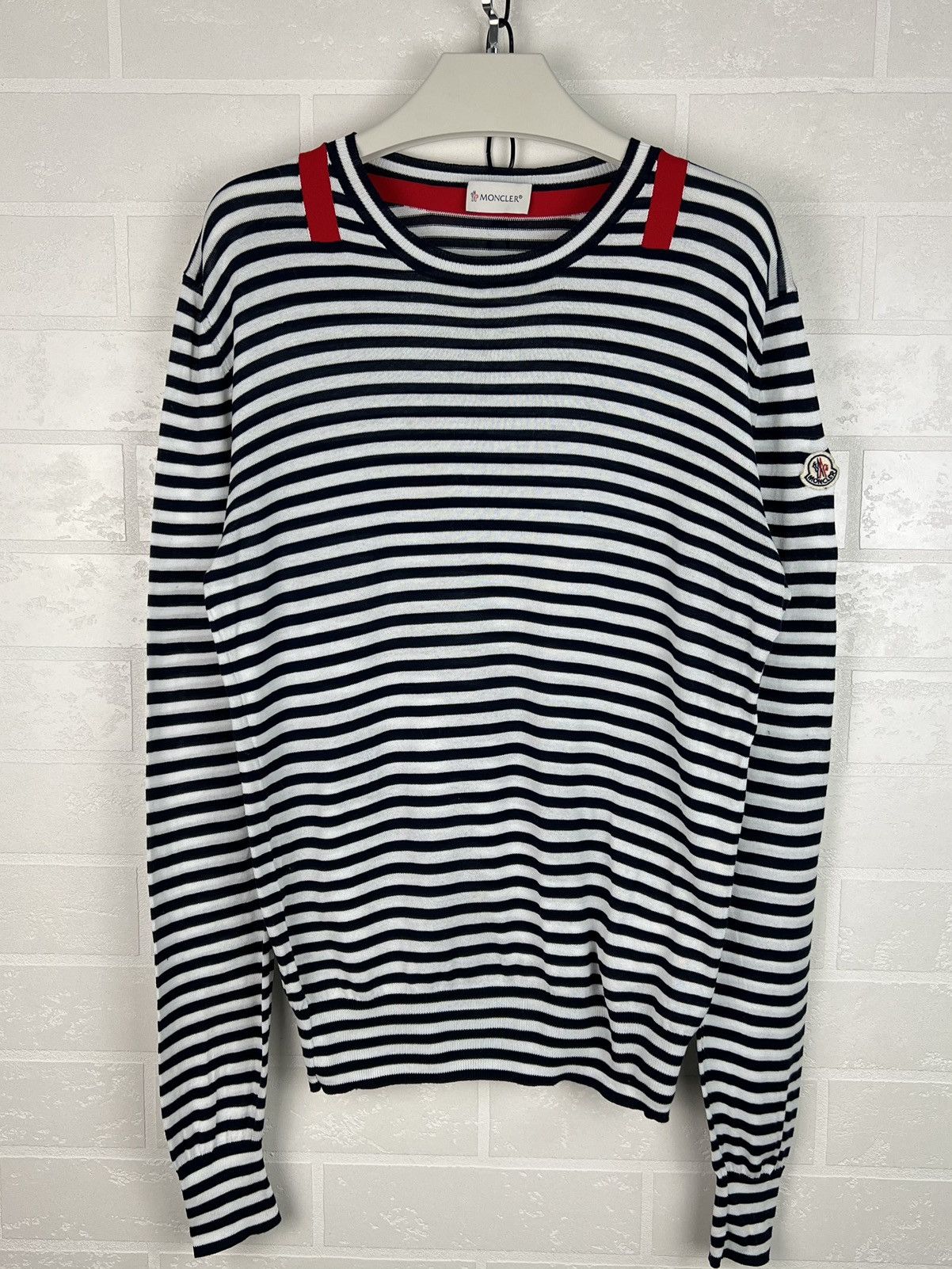 Moncler MONCLER Sweater Light Jumper Striped Cotton Patch Logo Men's Size US S / EU 44-46 / 1 - 1 Thumbnail