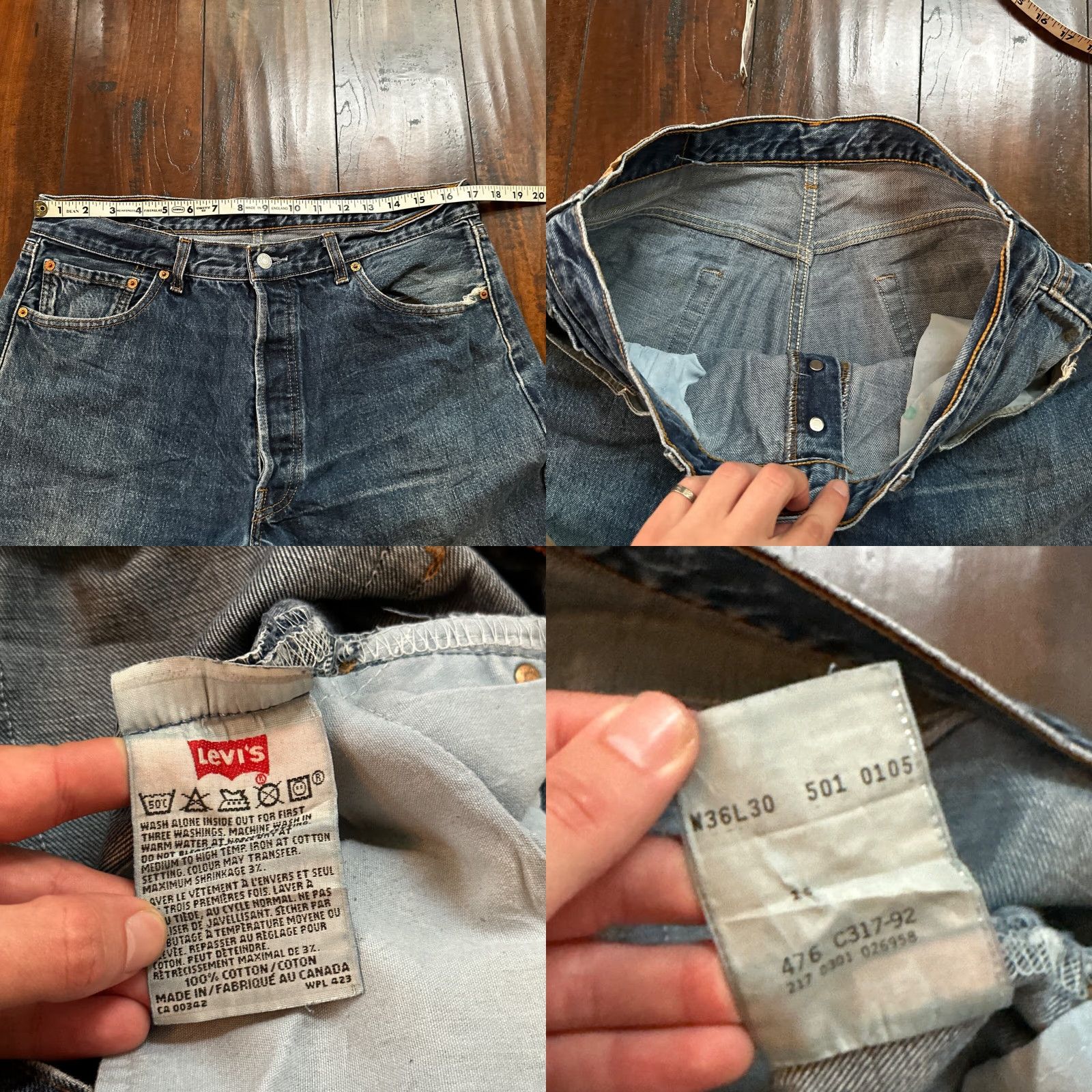 Levi's VINTAGE Levi's 501 Jeans - Men - Straight - 36x30 - Light Blue Denim - 90s Canada - Button Fly - Classic Fit Size US 36 / EU 52 - 8 Thumbnail