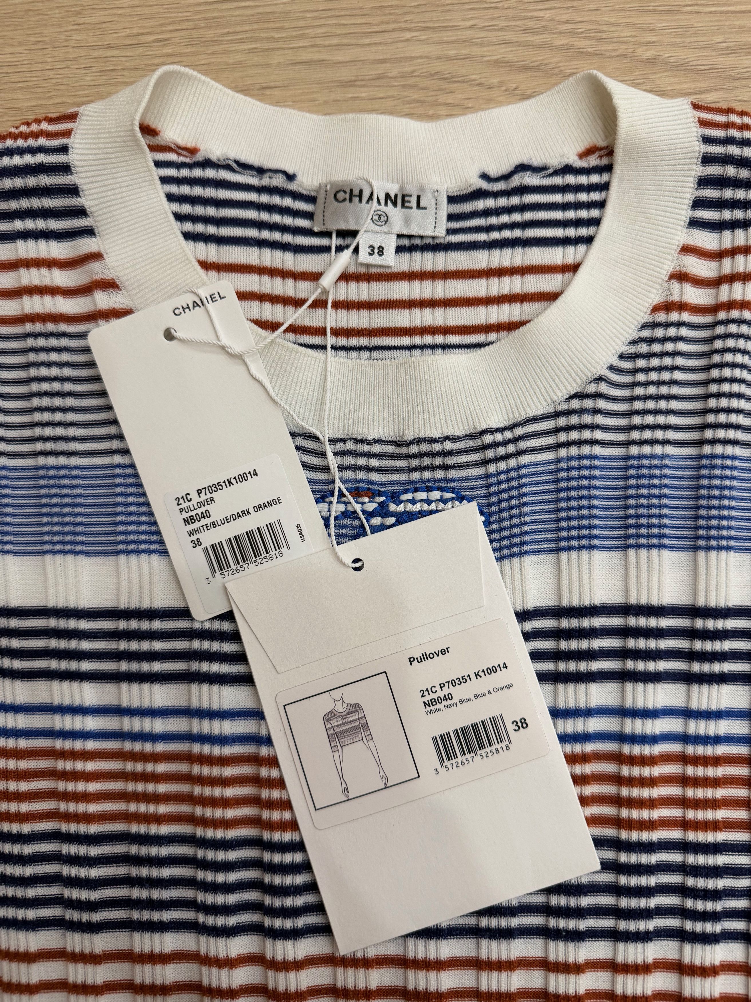 Chanel 21C White Orange Striped CC Logo Top Short Pullover Shirt 38 Size XS / US 0-2 / IT 36-38 - 11 Thumbnail