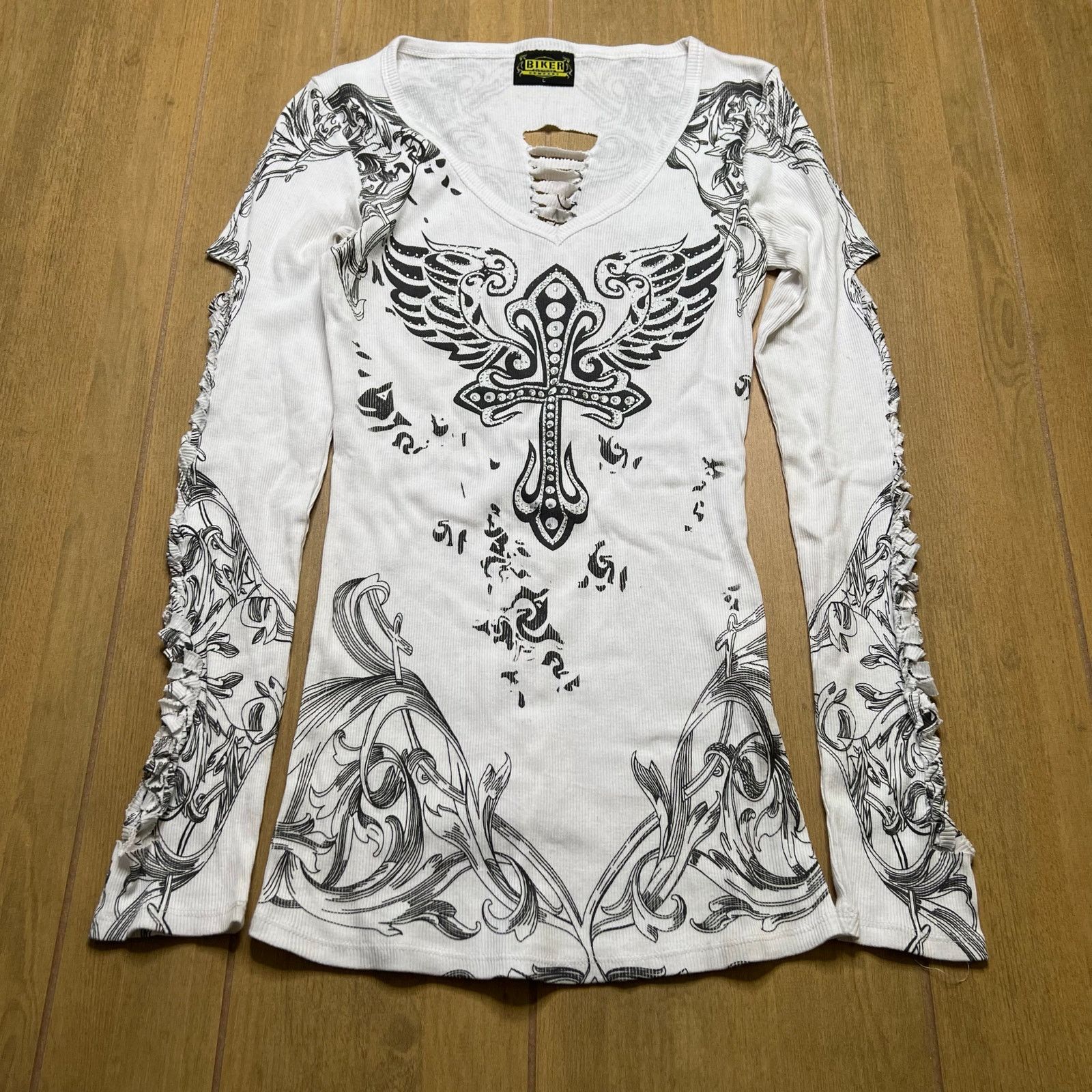 Vintage Biker Clothing Y2K Gothic Cross Wings Ruched Lace Up Top L Size L / US 10 / IT 46 - 7 Thumbnail