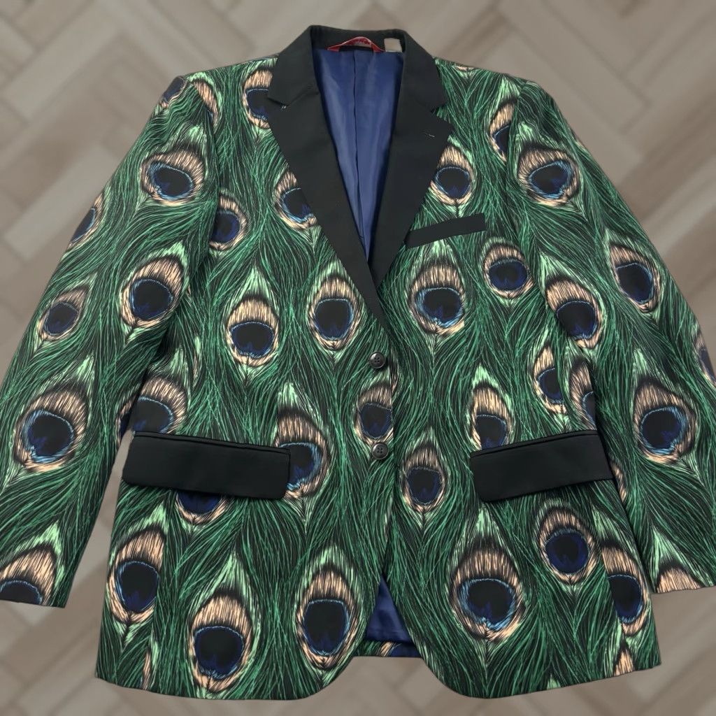 Vintage Shinesty Blazer Men's 42 Green Peacock Print St. Patrick's Day Two-Button Size 42R - 1 Thumbnail