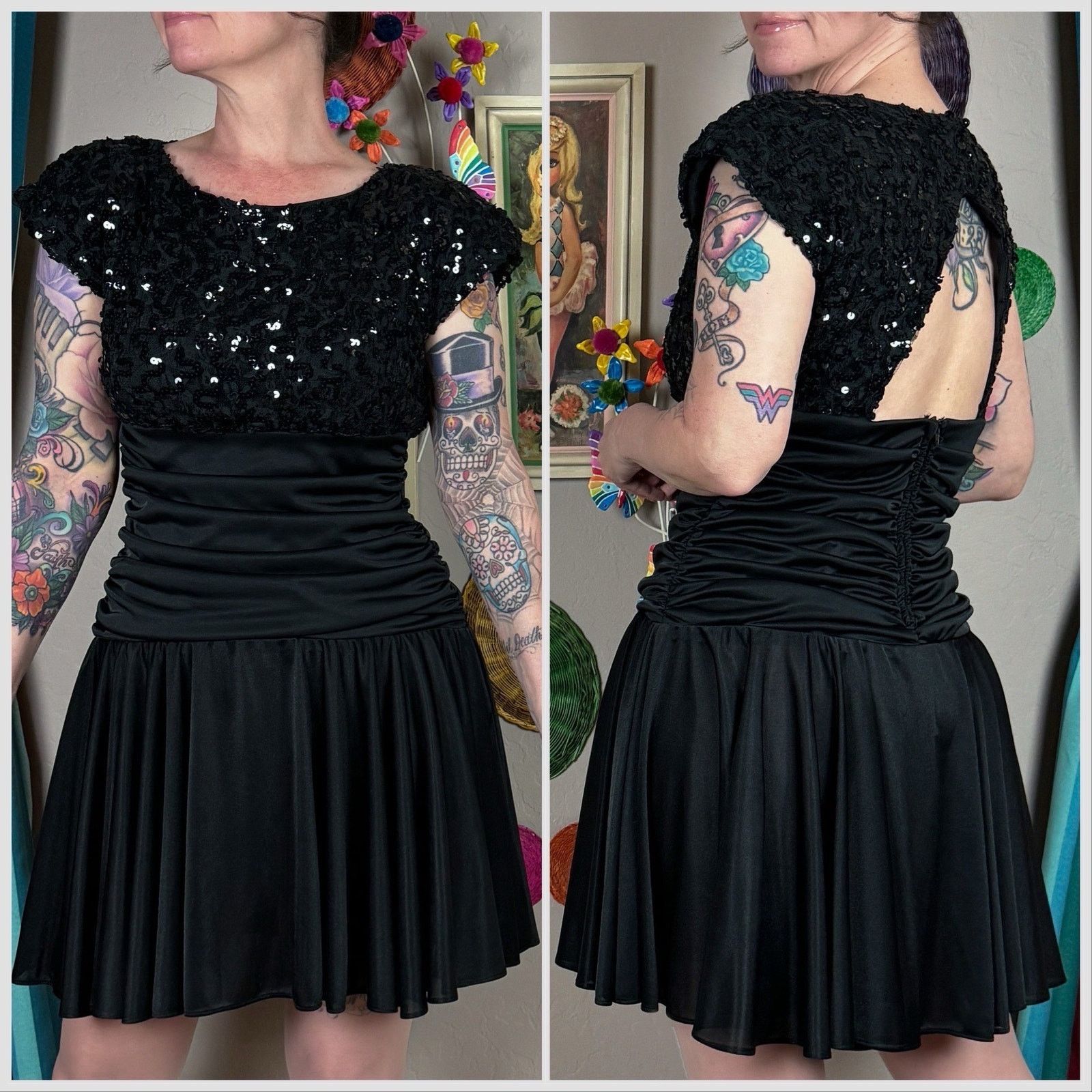 Vintage Vintage 1970s Black Sequins Ruched Open Back Disco Minidress Size M / US 6-8 / IT 42-44 - 3 Thumbnail