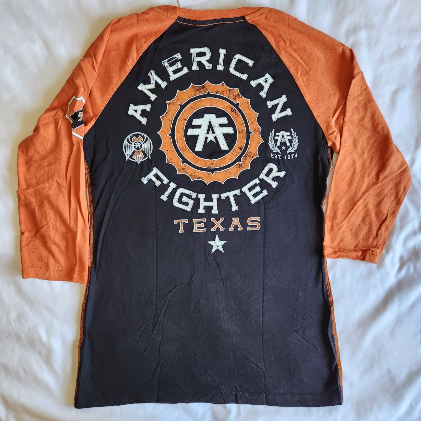 Vintage American Fighter Affliction Texas Rally Lrg Black Orange Raglan Graphic T-Shirt Size L / US 10 / IT 46 - 4 Thumbnail