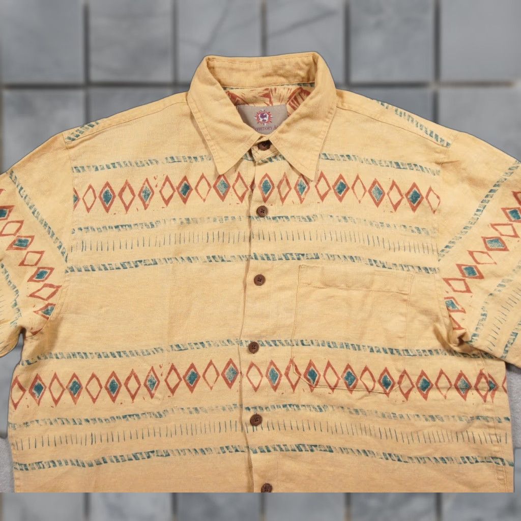 The Territory Ahead Shirt Mens Medium Yellow Button Down Linen Southwestern