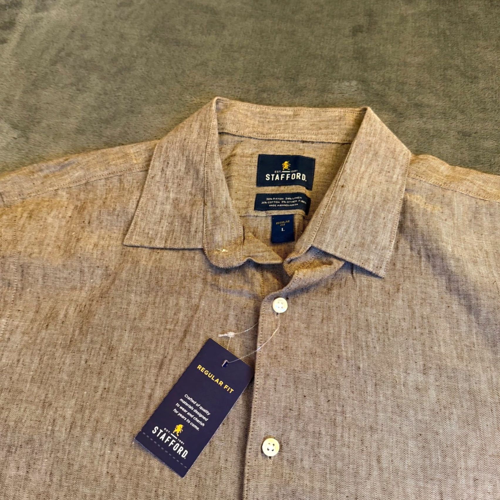 Stafford Stafford Shirt Linen Blend Button-Up Short Sleeve Brown Mens Large NWT Size US L / EU 52-54 / 3 - 2 Thumbnail