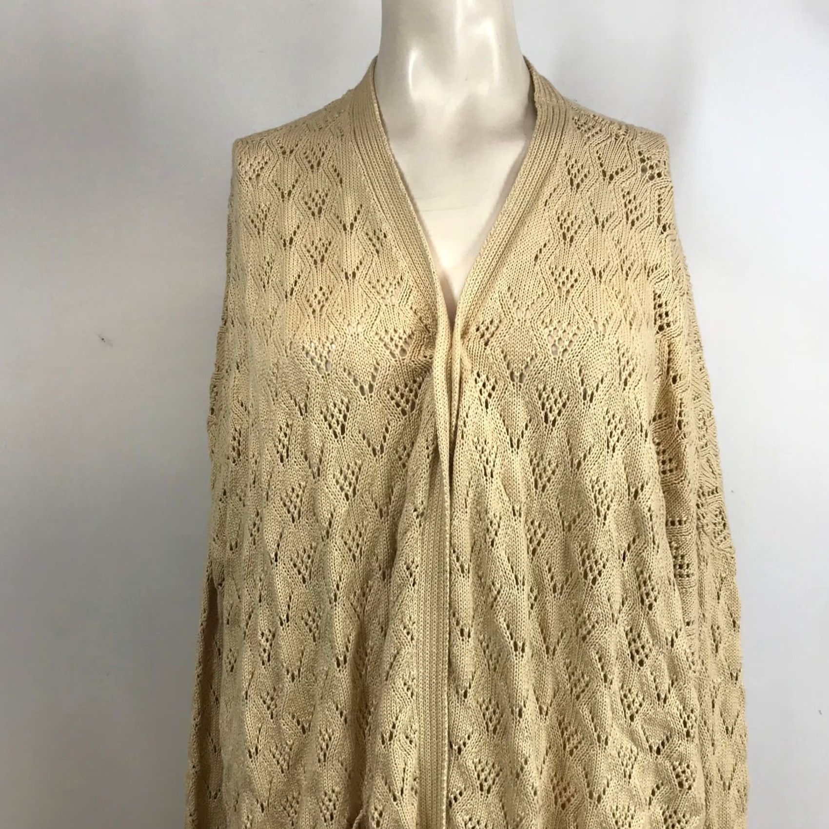 Vintage HEYSON Cardigan Knit Diamond Pattern Open Front Pockets Beige Long Size 3XL Size XXL / US 16-18 / IT 52-54 - 2 Thumbnail