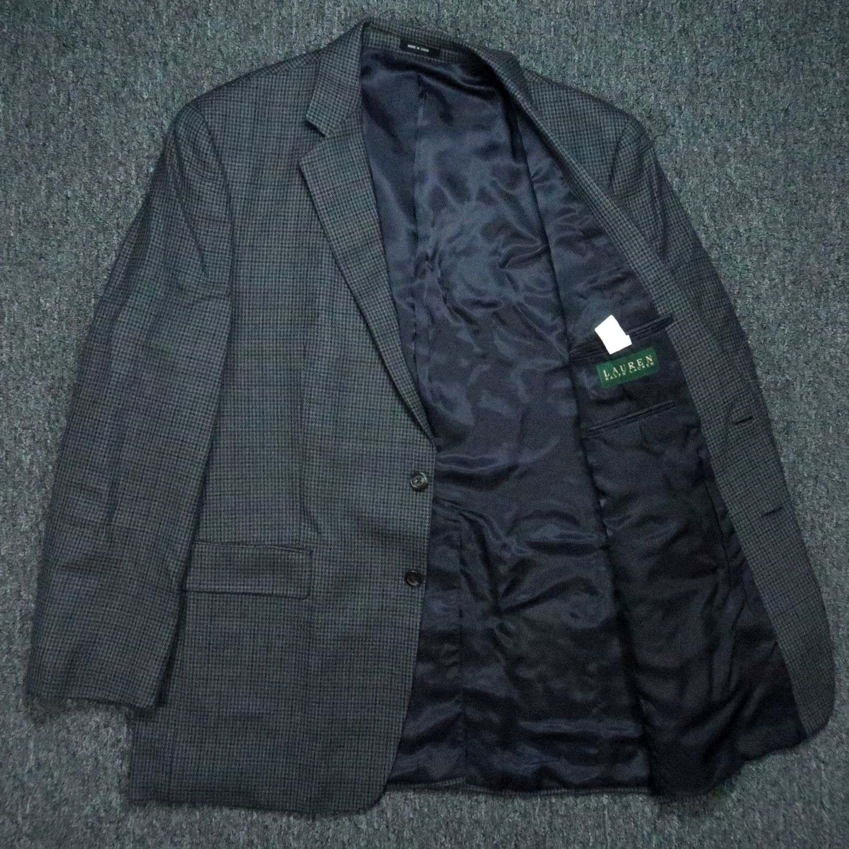 Ralph Lauren VINTAGE Lauren Ralph Lauren Blazer Mens 44L Gray Blue Houndstooth Wool LRL Sport Coat Size 44R - 3 Thumbnail
