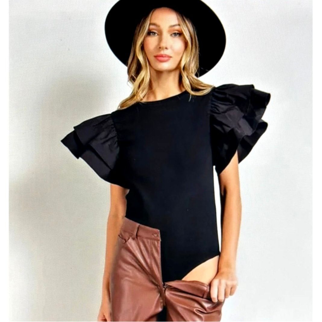 Zara Zara Puff Sleeve Ribbed Bodysuit - Black - size S Size S / US 4 / IT 40 - 2 Thumbnail