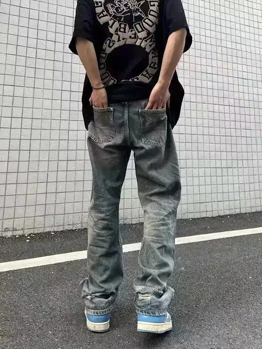 Japanese Brand Stylish Loose Fit Washed Rip Wide Leg Jeans Size US 28 / EU 44 - 2 Thumbnail