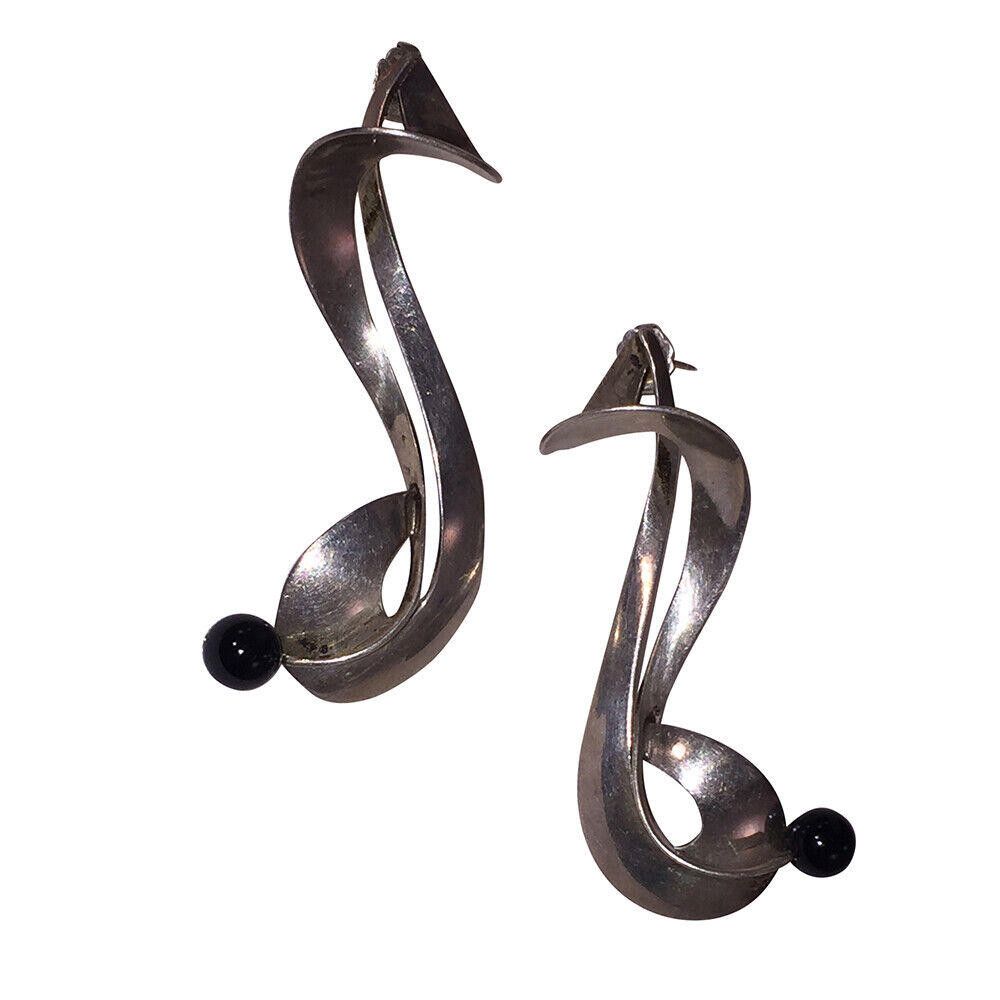 Handmade Signed Figural Sterling Silver Black Onyx Bead Earrings Size ONE SIZE - 2 Thumbnail